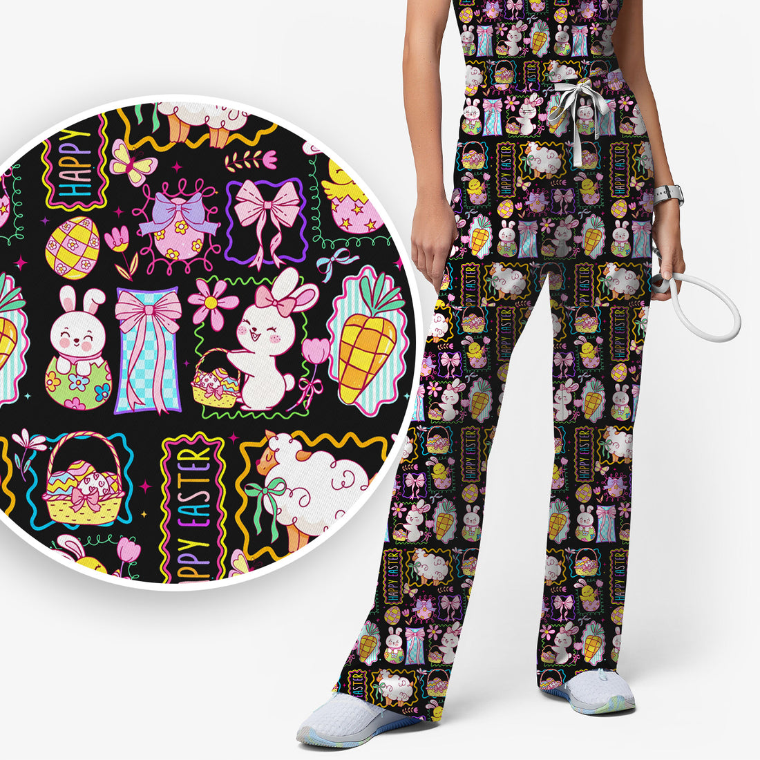 Cute Easter Bunny Egg and Bow Print Scrub Set, Scrub Pants and V Neck Top