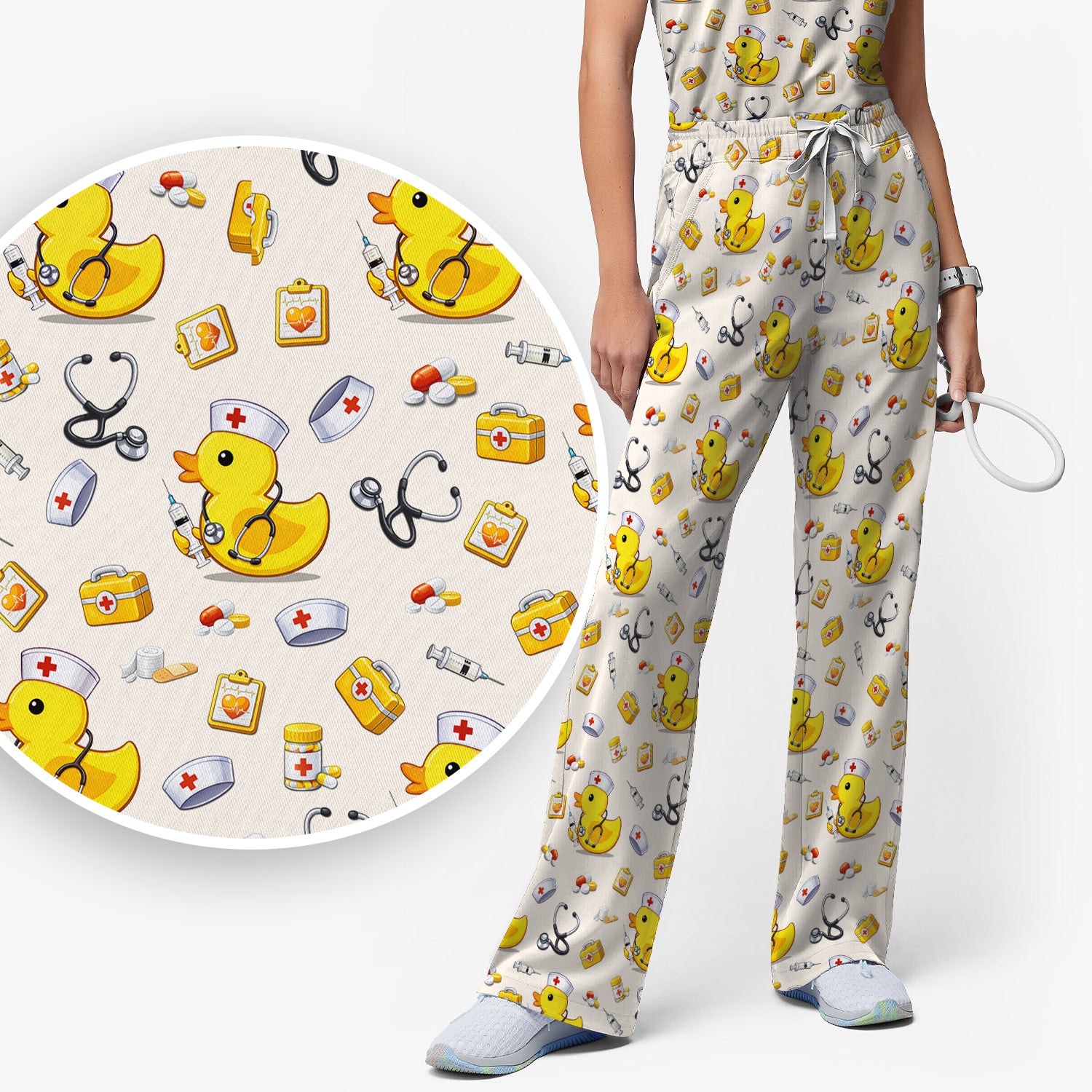 Playful Medical Duck Print Women's Scrub Set, Breathable Med Uniform