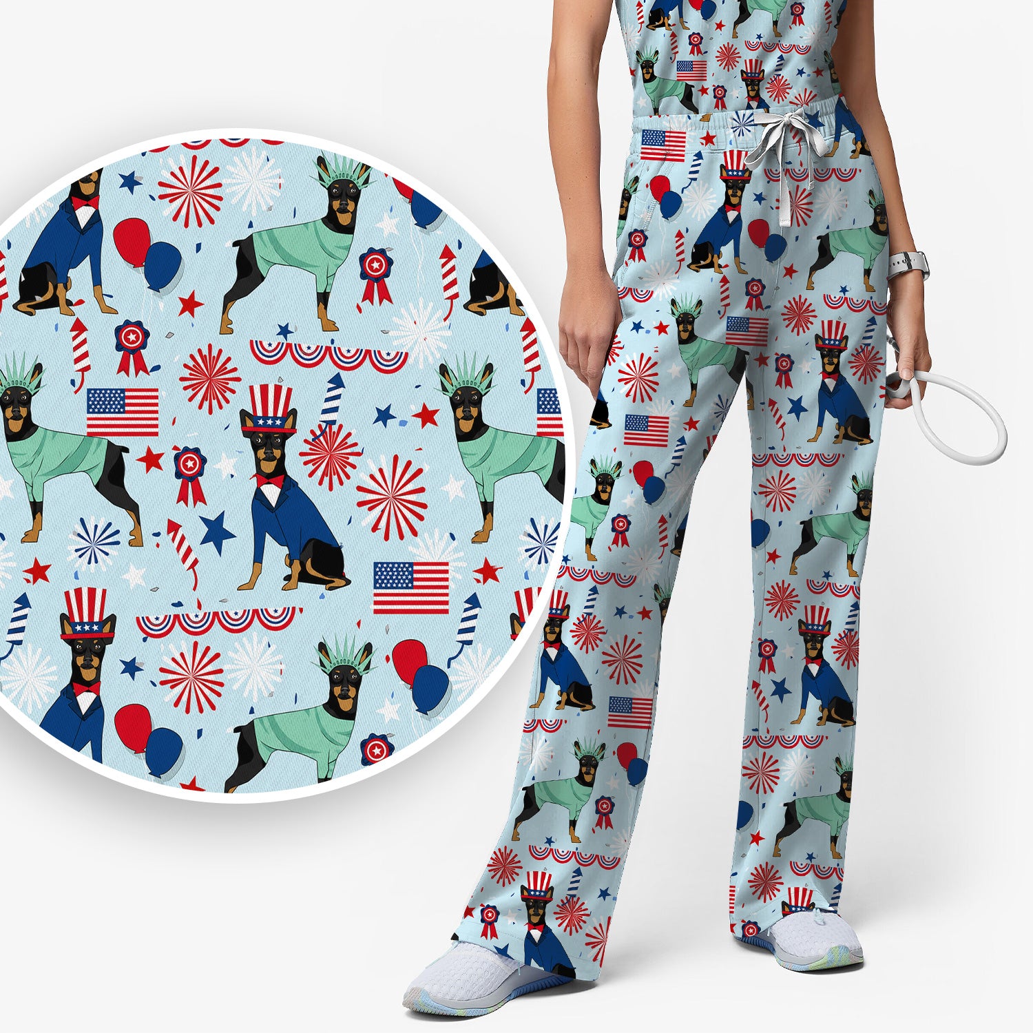 Patriotic Doberman Liberty Fireworks Pattern Scrub Set, Scrub Pants and V Neck Top