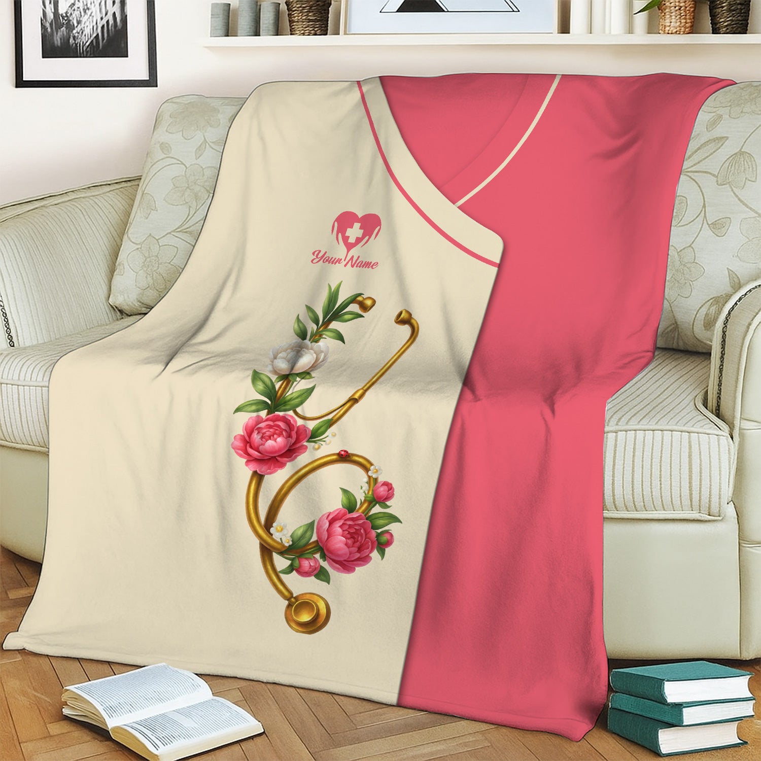 Custom Floral Blanket for Nurses - Peonies Flower and Stethoscope Design - Medical Gift for RN, LPN, CNA