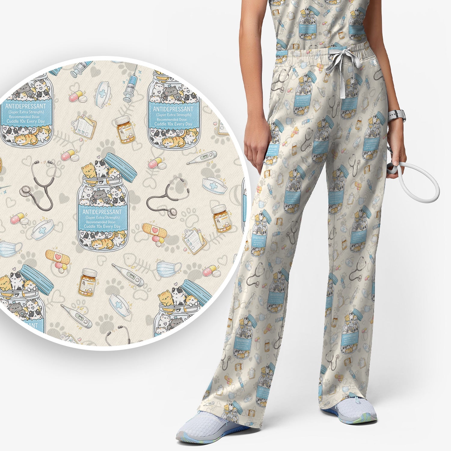 Cute Antidepressant Cat Jar Print Women's Scrub Set, Breathable Med Uniform