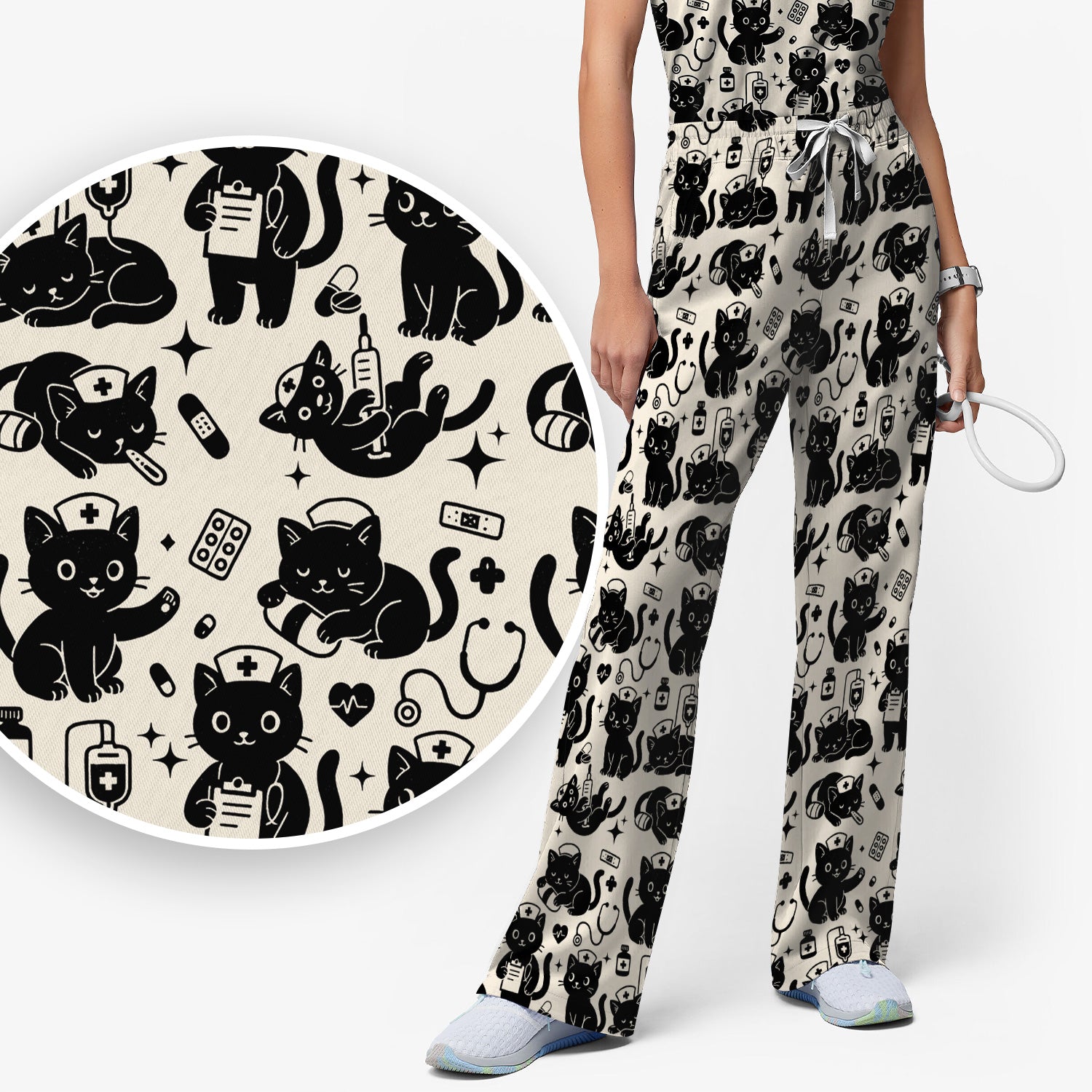 Cute Black Cat Nurse Pattern Scrub Set, Breathable Med Uniform