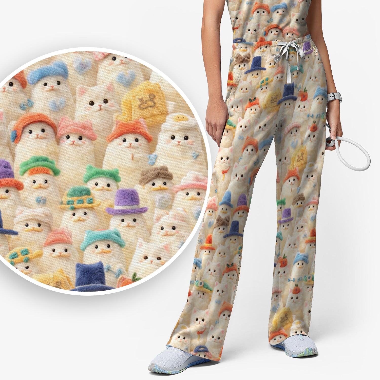 Adorable Cats Wearing Colorful Hats Pattern Scrubs Sets, Scrub Pants and V Neck Top