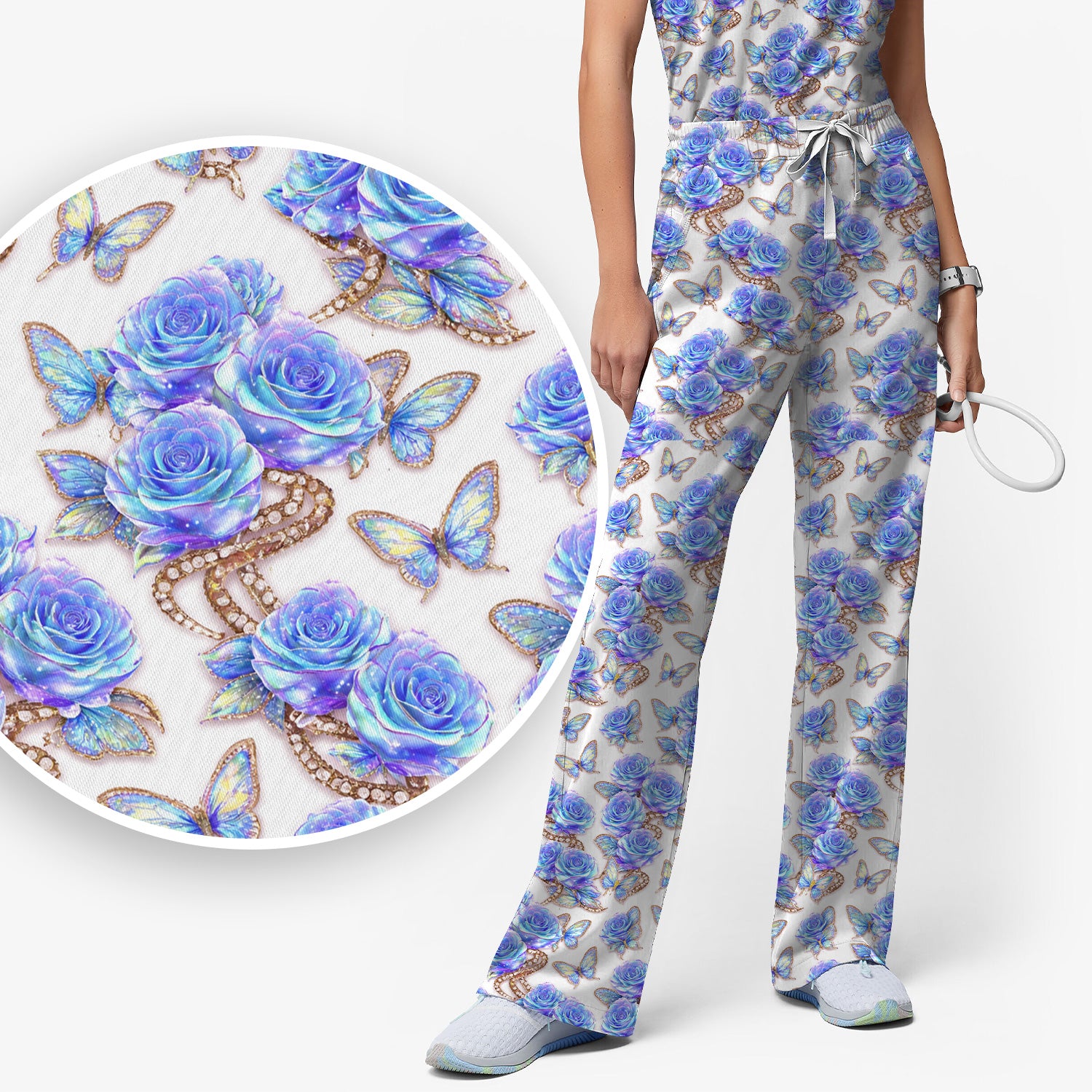 Elegant Blue Rose Floral Print Scrub Set, Scrub Pants and V Neck Top