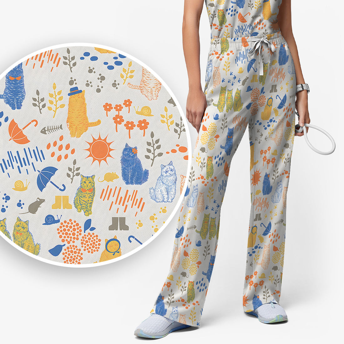 Cozy Rainy Day Cat Lover Nature Nurse Pattern Scrub Set, Scrub Pants and V Neck Top