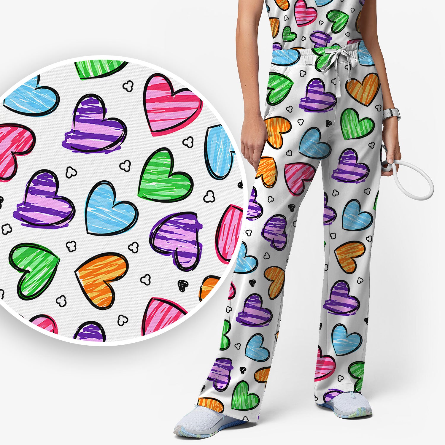 Colorful Doodle Heart Pattern Scrub Set, Scrub Pants and V Neck Top