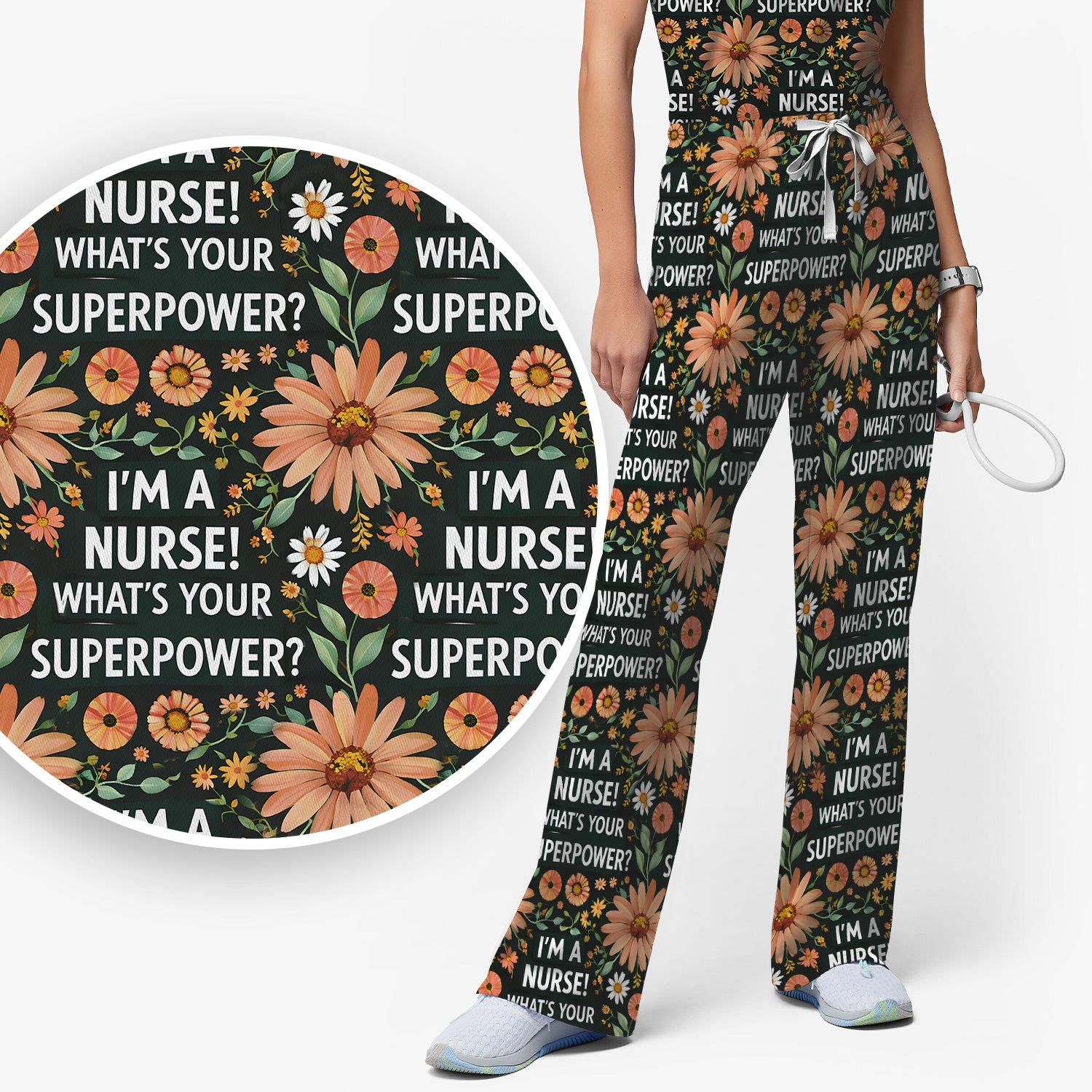 Funny Nurse Superpower Floral Pattern Scrub Set, Scrub Pants and V Neck Top