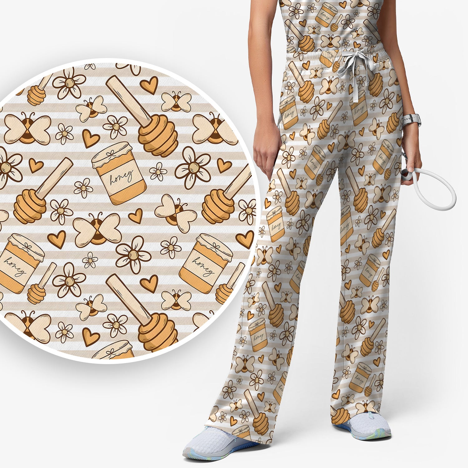 Honey Jar With Daisy Flower Pattern Scrub Set, Scrub Pants and V Neck Top