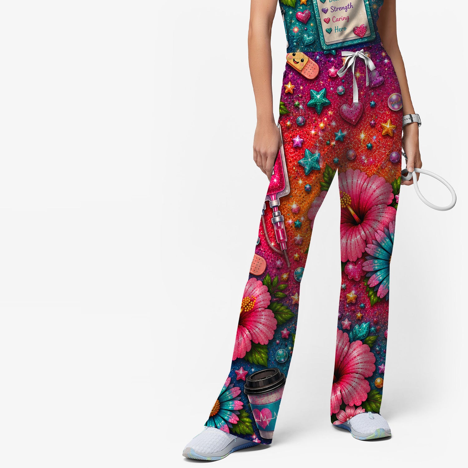 Colorful Nurse Life Heart Pattern Scrub Set, Scrub Pants and V Neck Top