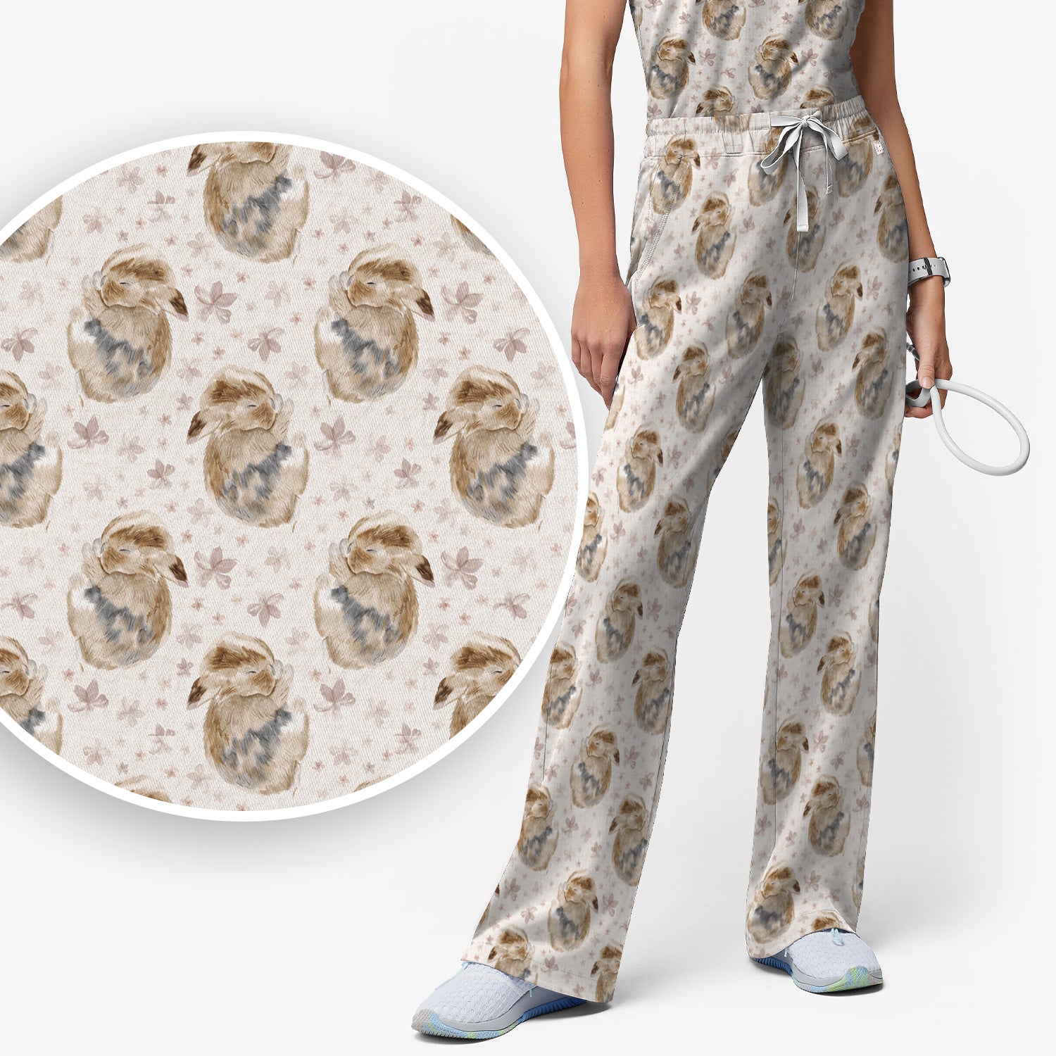 Cute Sleeping Bunny Floral Meadow Pattern Nurse Scrub Set, Scrub Pants and V Neck Top