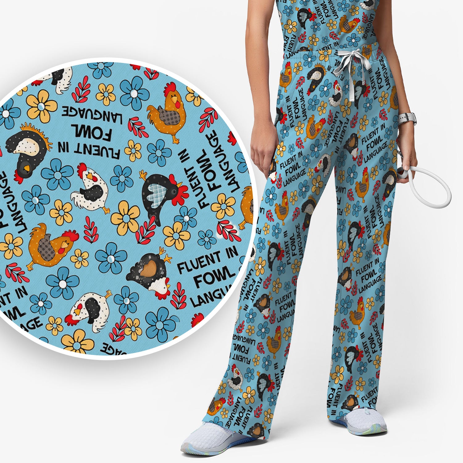 Funny Chicken Fluent in Fowl Language Pattern Scrub Set, Scrub Pants and V Neck Top
