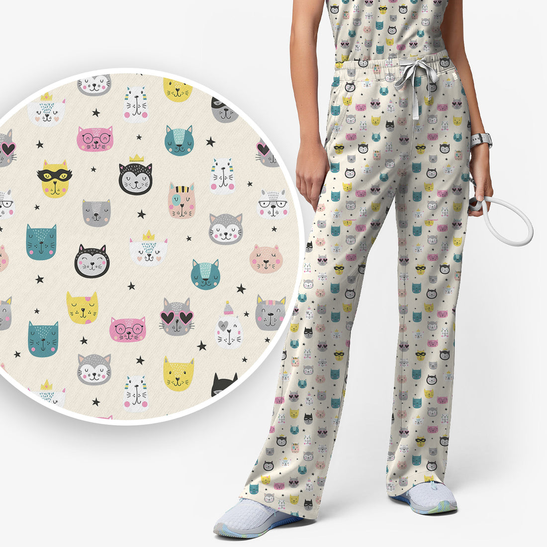 Cute Colorful Cat Pattern Women's Scrub Sets, Breathable Med Uniform