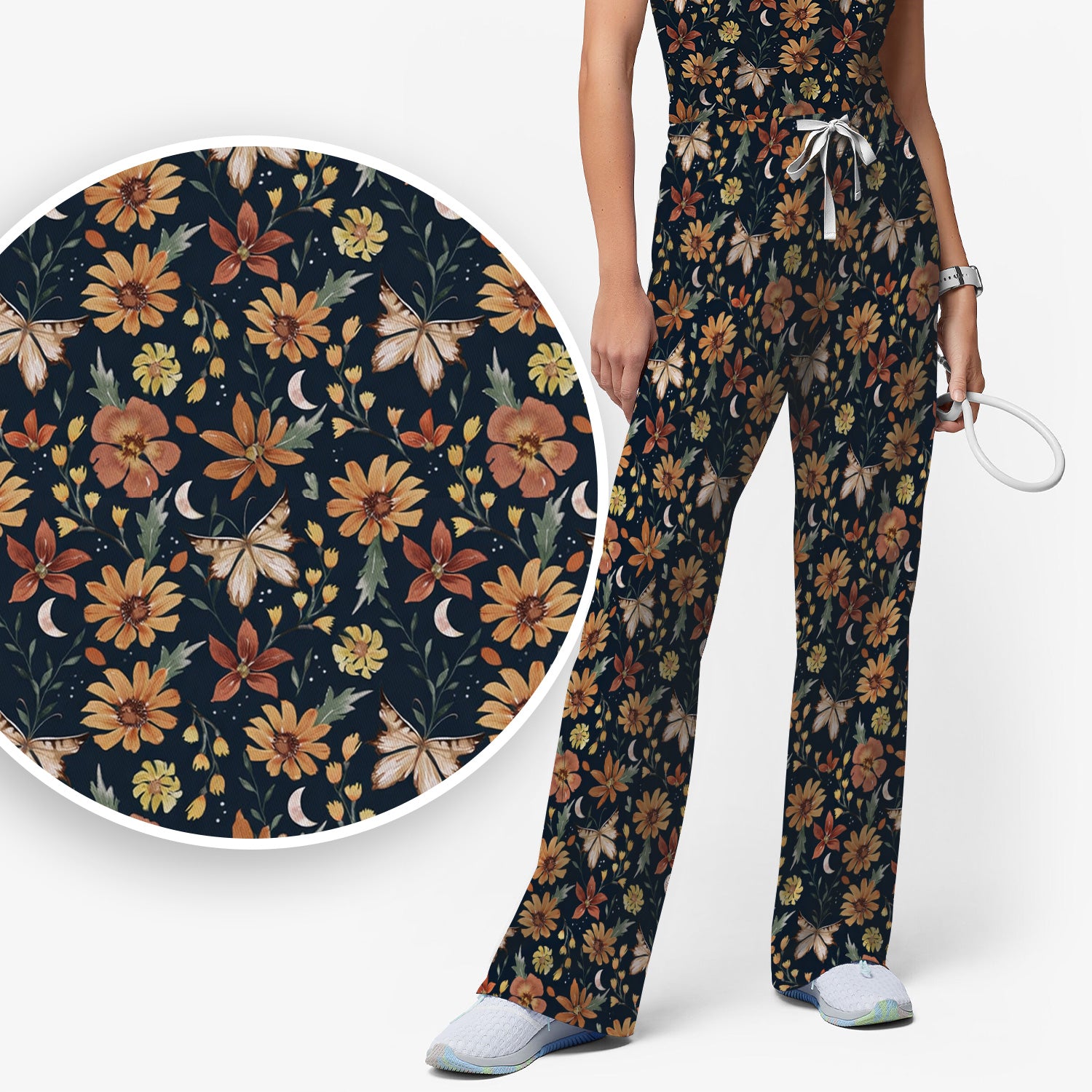 Charming Autumn Floral Butterfly Moon Pattern Scrub Set, Scrub Pants and V Neck Top