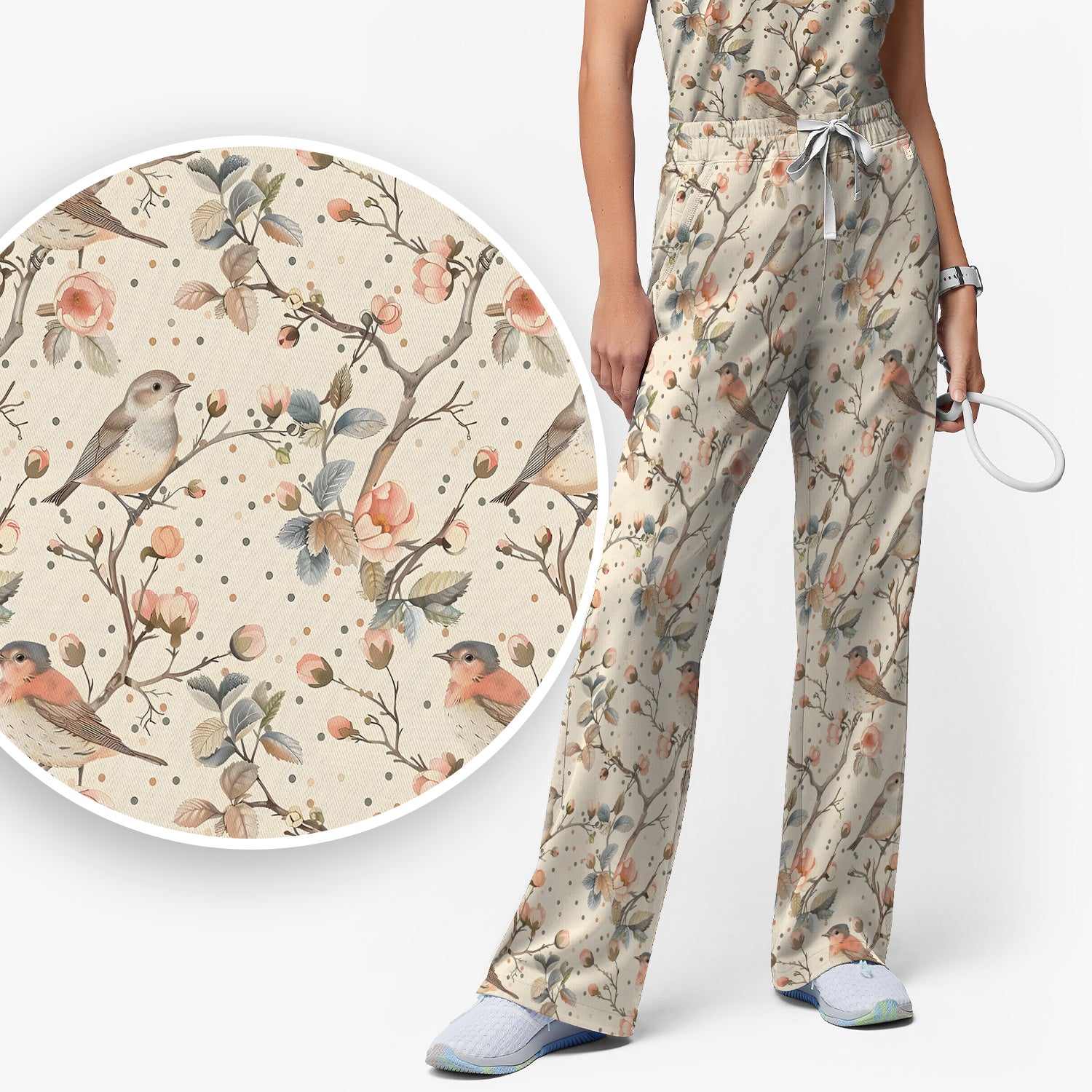 Vintage Bird Floral Branch Print Scrub Set, Scrub Pants and V Neck Top