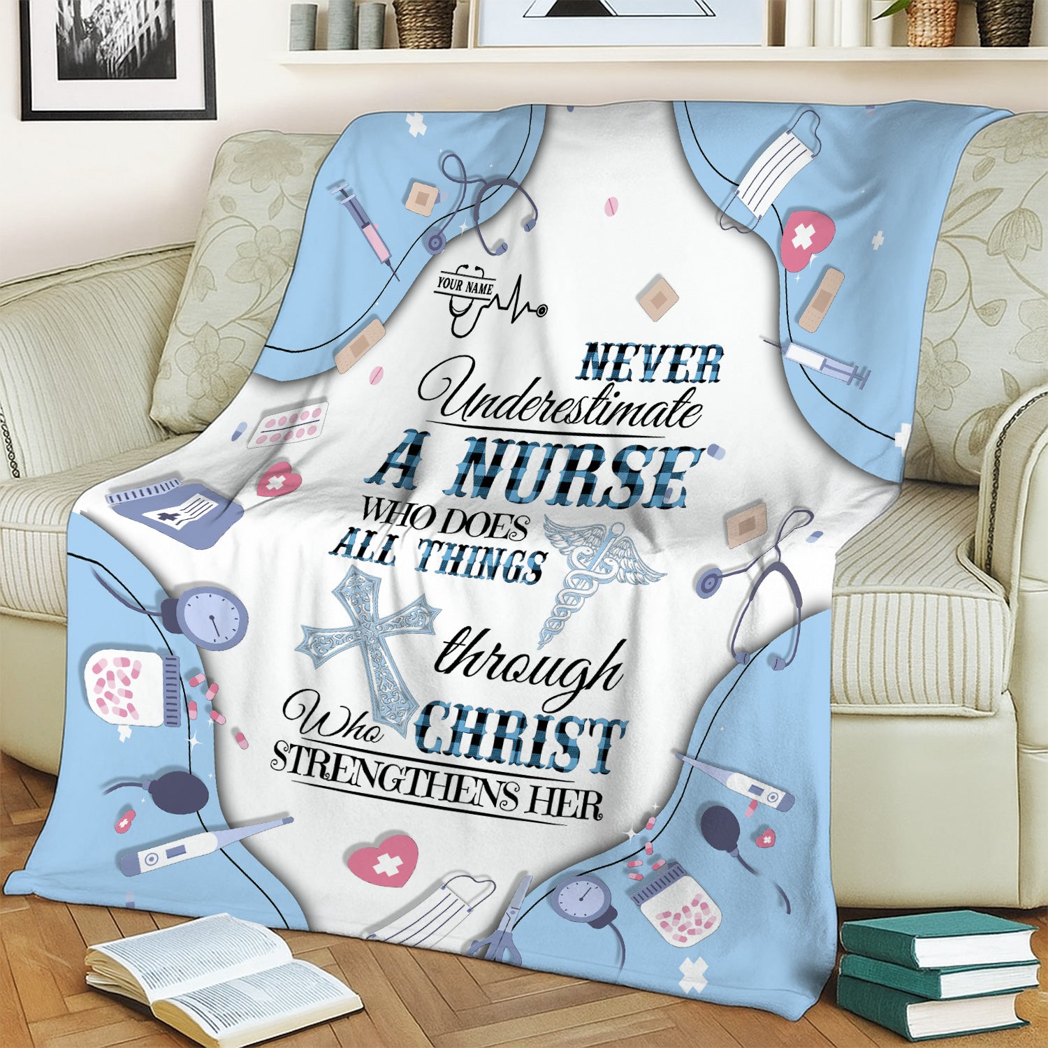 Custom Name Faith Nursing Blanket for Women - Personalized Religious Gift for RN LPN CNA Hospital Staff - All Things Through Christ Quote