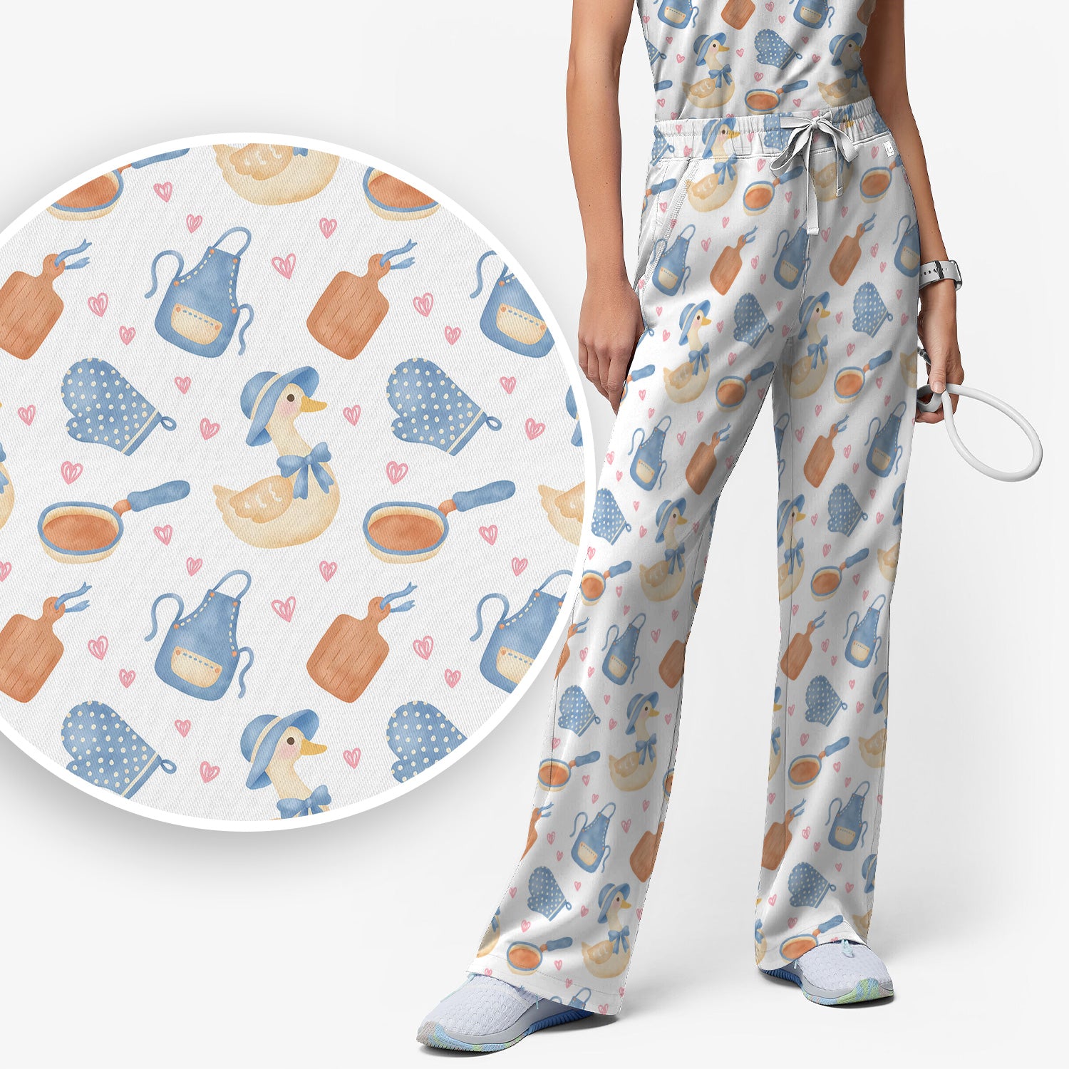Duck Apron Kitchen Utensil Heart Pattern Scrub Set, Scrub Pants and V Neck Top