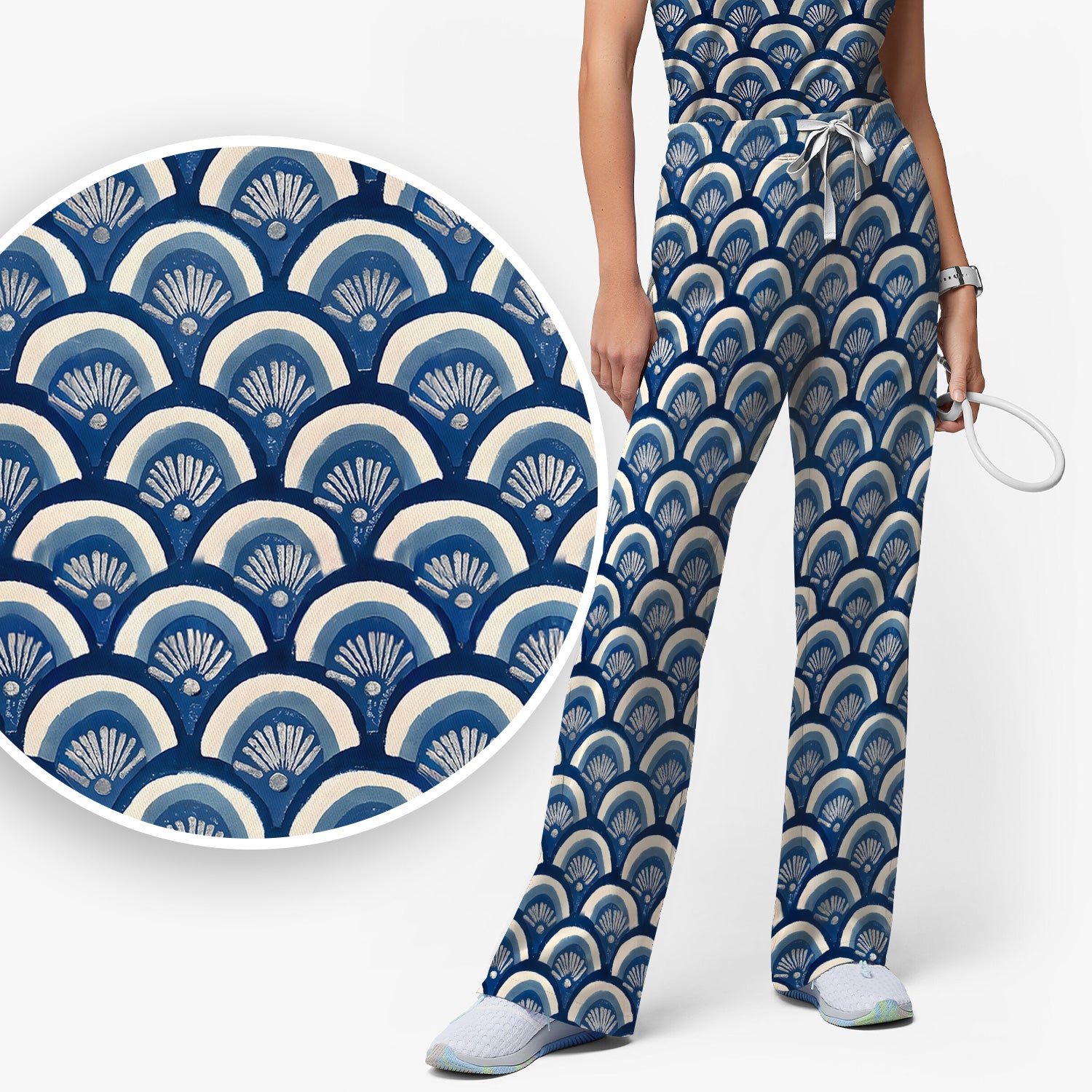 Blue Seashell Pattern Scrub Set, Scrub Pants and V Neck Top
