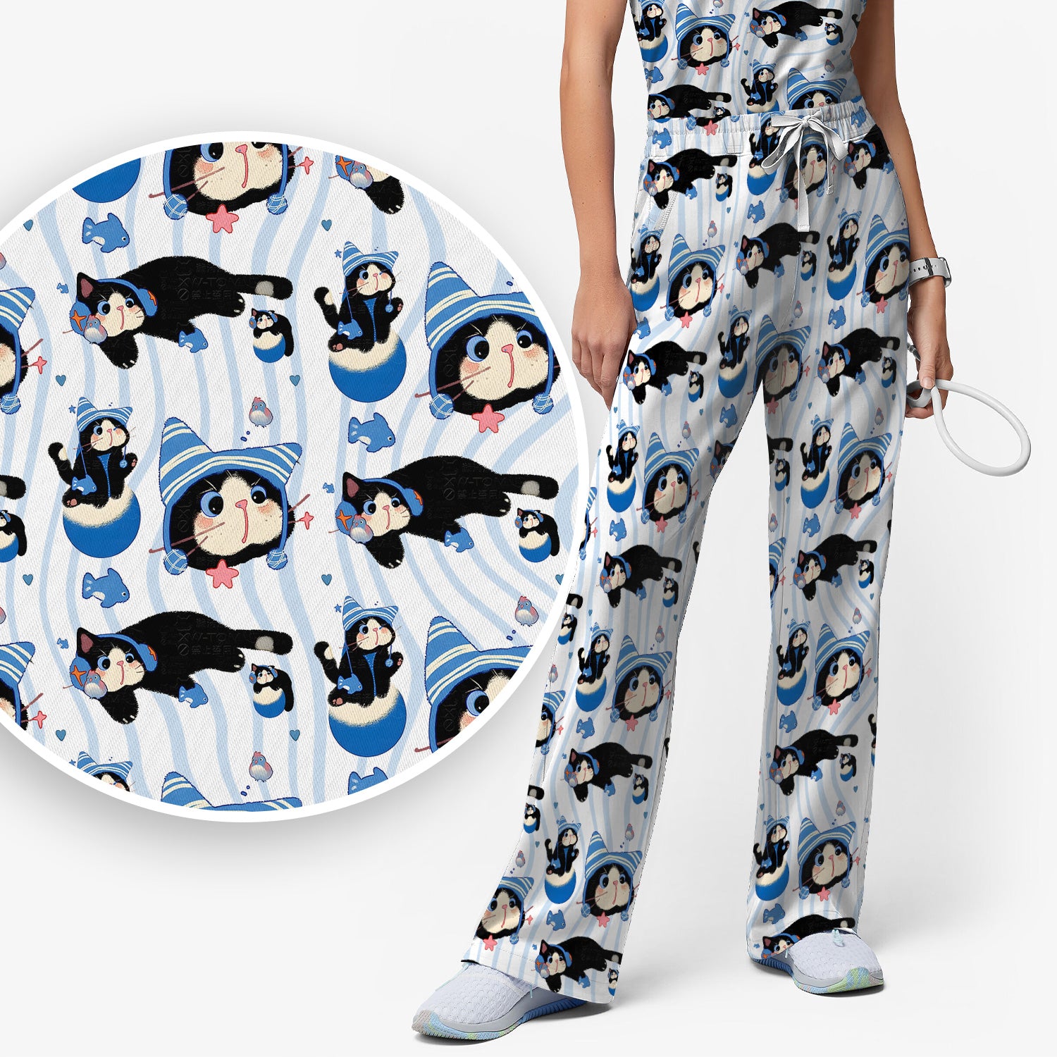 Charming Kitten Fish Pattern Scrub Set, Scrub Pants and V Neck Top