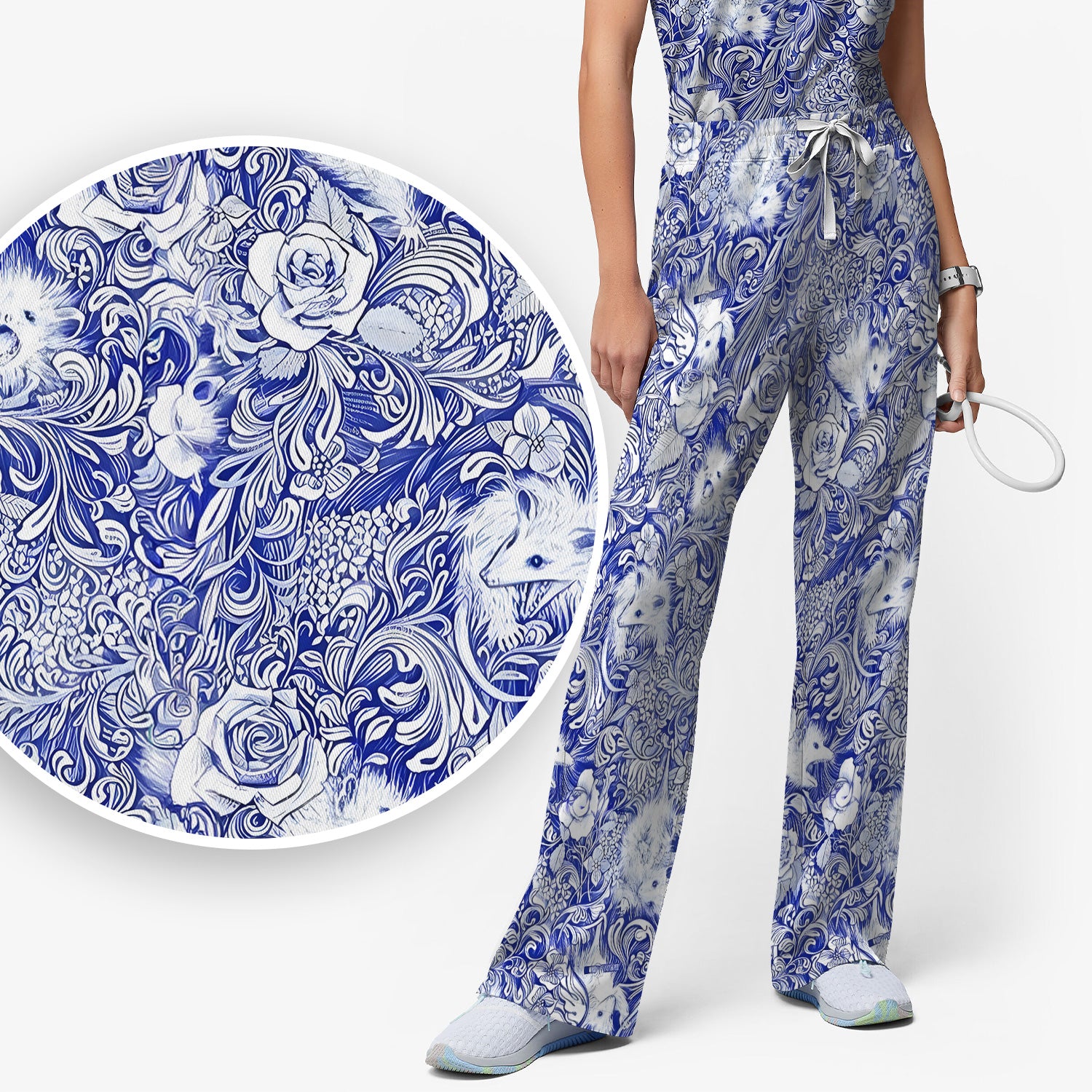 Blue Toile Porcupine Floral Pattern Scrub Set, Scrub Pants and V Neck Top