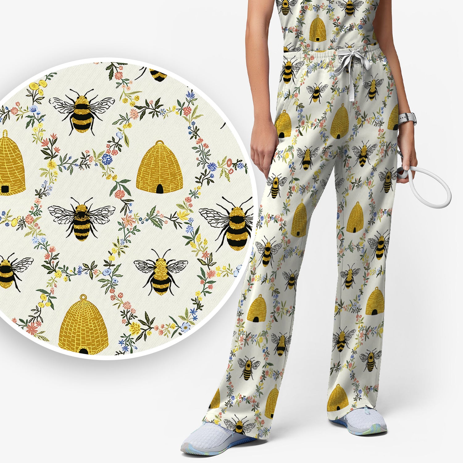 Honey Bee Beehive Floral Pattern Scrub Set, Scrub Pants and V Neck Top