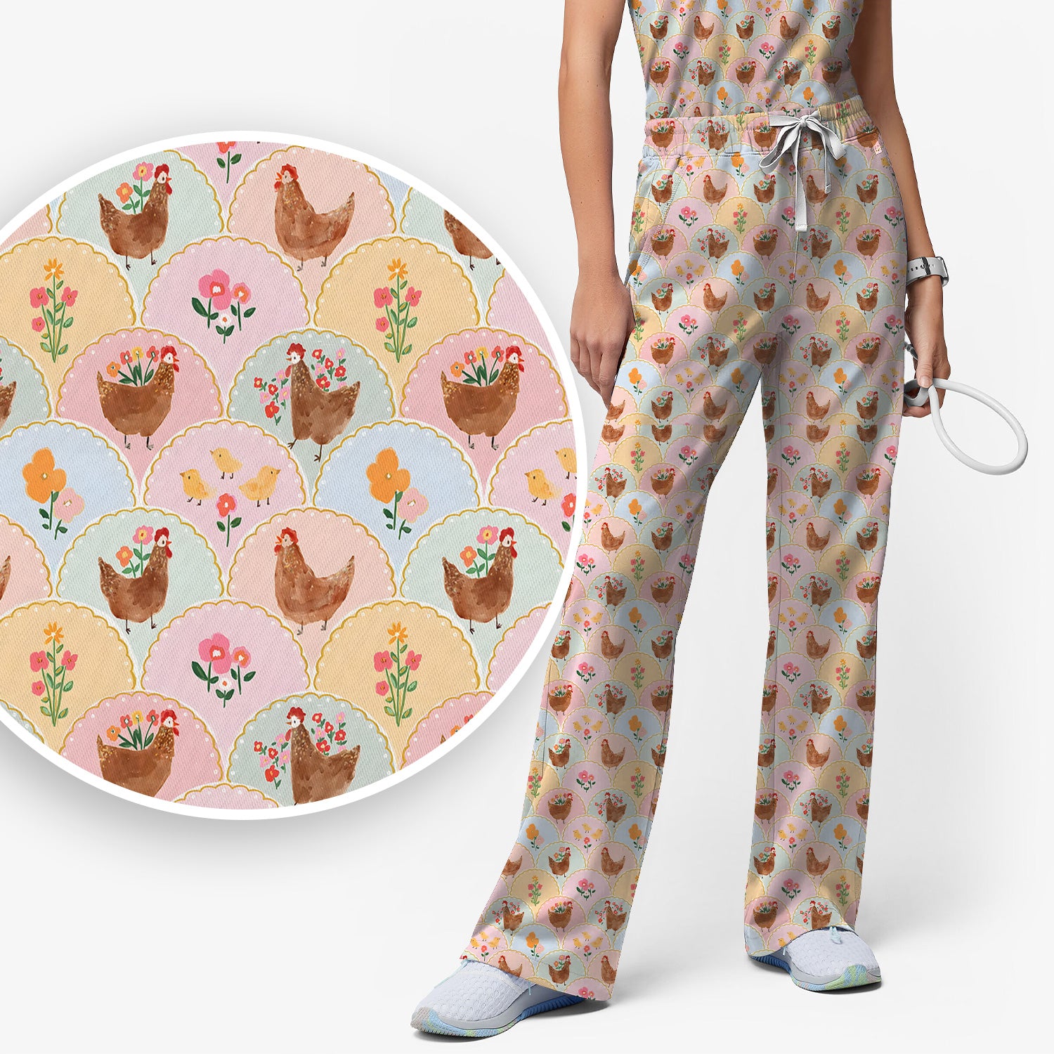 Pastel Chicken With Floral Scrub Set, Cute Chicken Nursing Uniform For Women