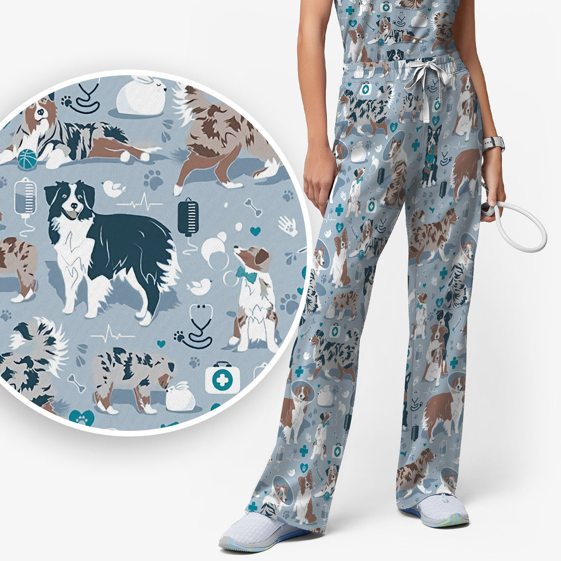 Cute Dog Pattern Women's Veterinary Scrub Set, Scrub Pants and V Neck Top