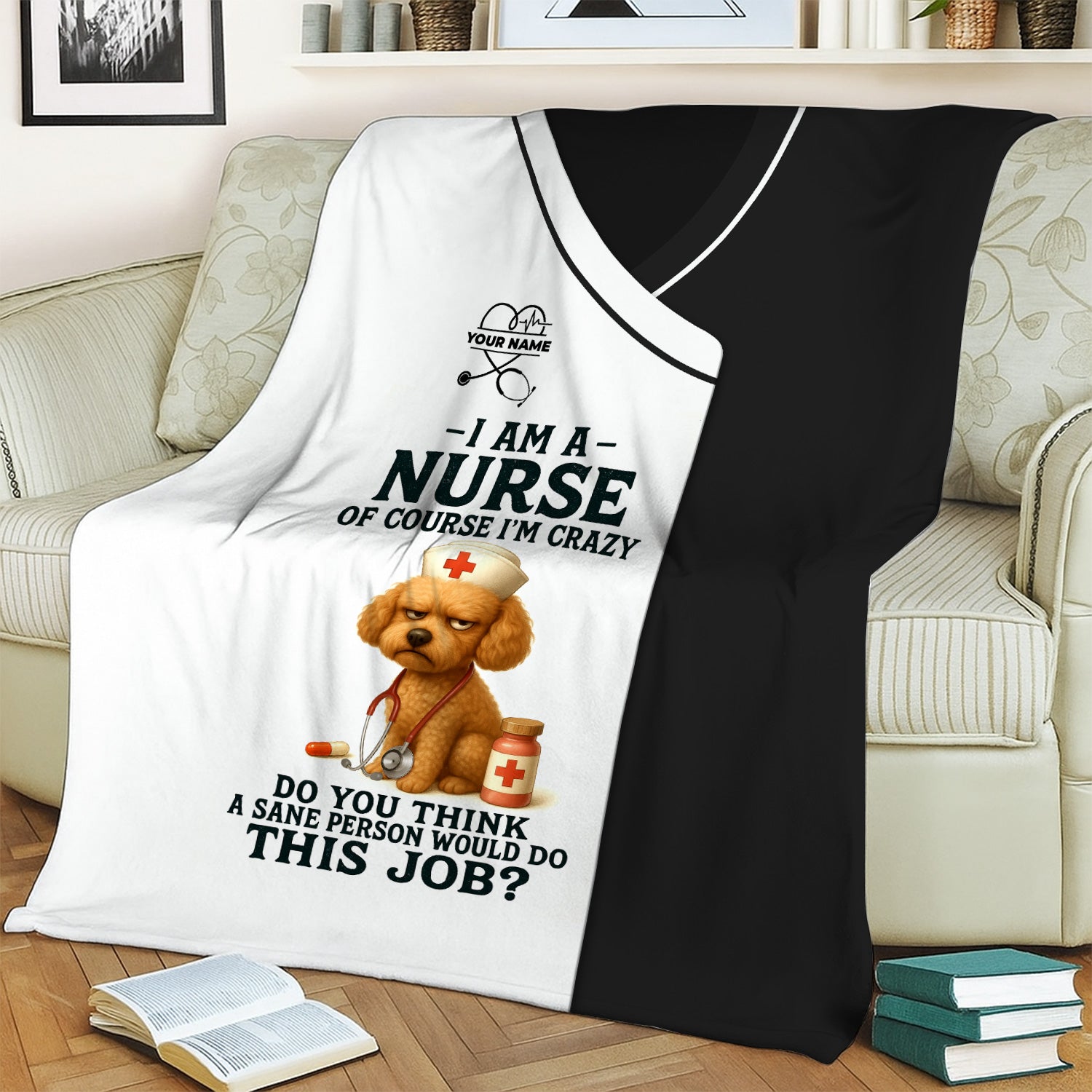 Custom Name Crazy Nurse Blanket - Funny Poodle with Stethoscope for RN LPN CNA - Thoughtful Gift for Healthcare Workers Appreciation