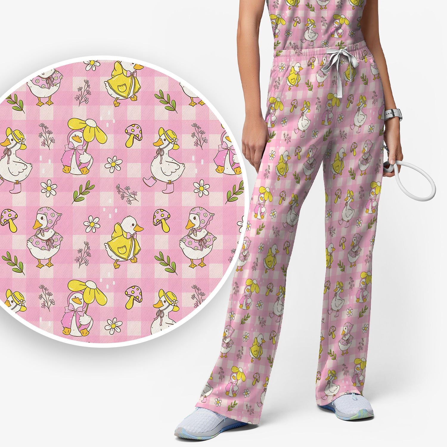 Spring Duckling Gingham Pattern Scrub Set, Scrub Pants and V Neck Top