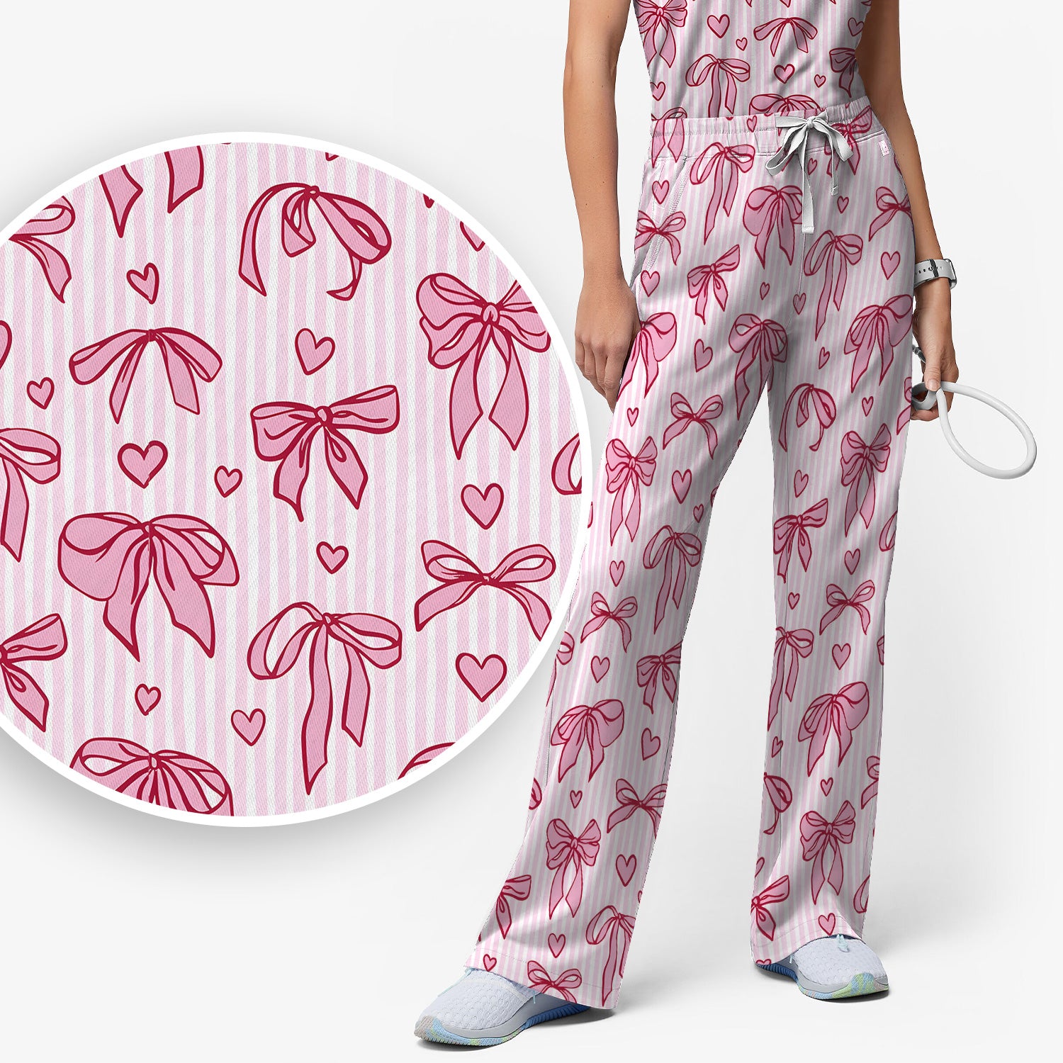 Pink Bow Heart Stripe Pattern Scrub Set, Scrub Pants and V Neck Top