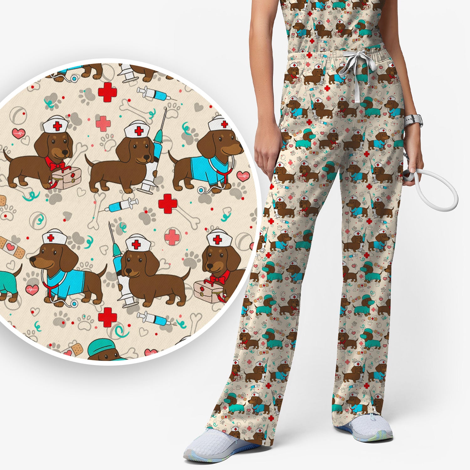 Cute Wiener Dog Dachshund Nurse Scrub Set, Funny Dachshund Dog Scrubs Shirt, Breathable Fabrics Nursing Uniform