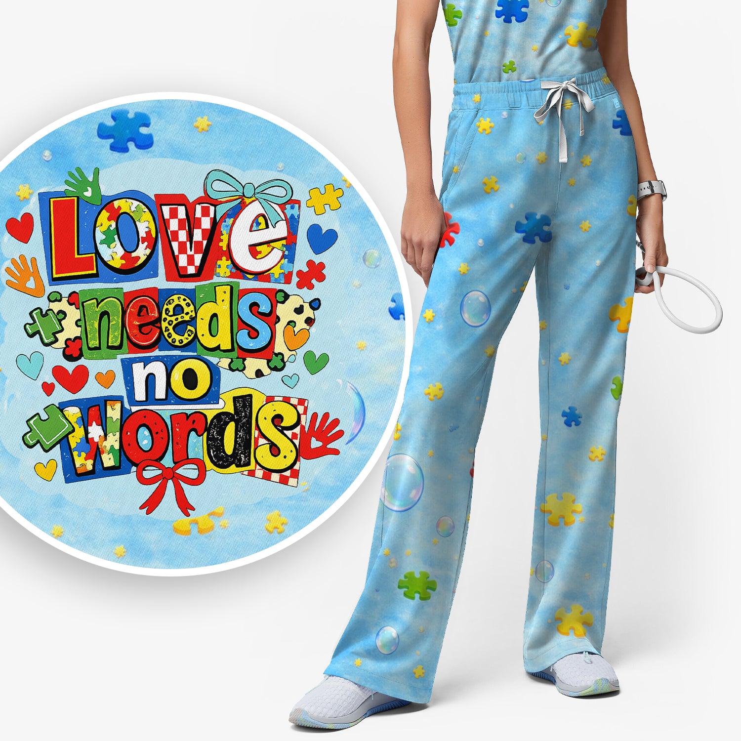Autism Awareness Nurse Puzzle Love Needs No Words Pattern Scrub Set, Scrub Pants and V Neck Top