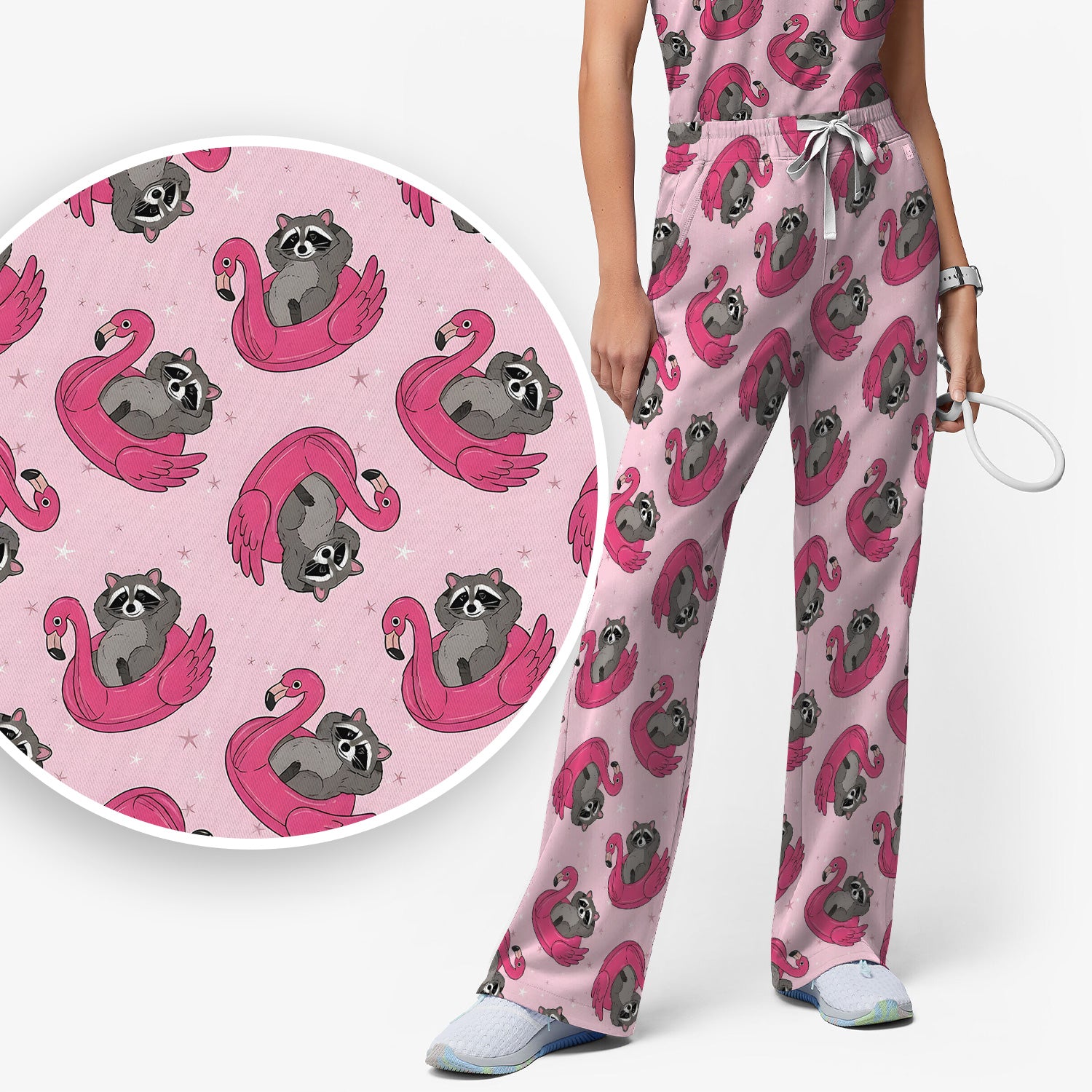 Cute Raccoon Flamingo Float Pattern Scrub Set, Scrub Pants and V Neck Top