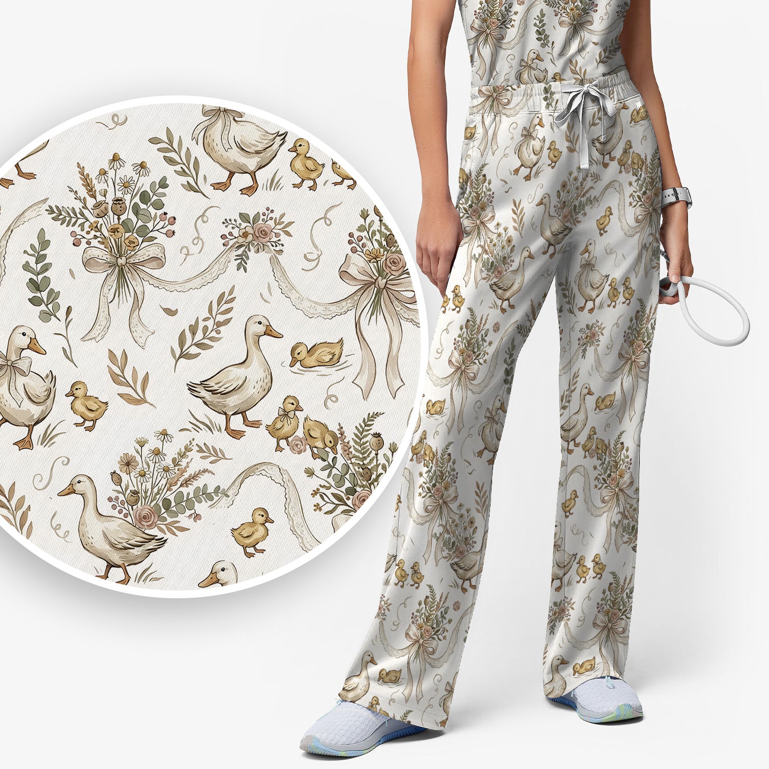 Vintage Duck Family Ribbon Floral Pattern Nurse Scrub Set, Scrub Pants and V Neck Top