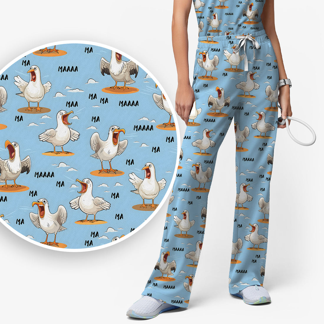 Funny Screaming Seagull Sky Pattern Scrub Set, Scrub Pants and V Neck Top