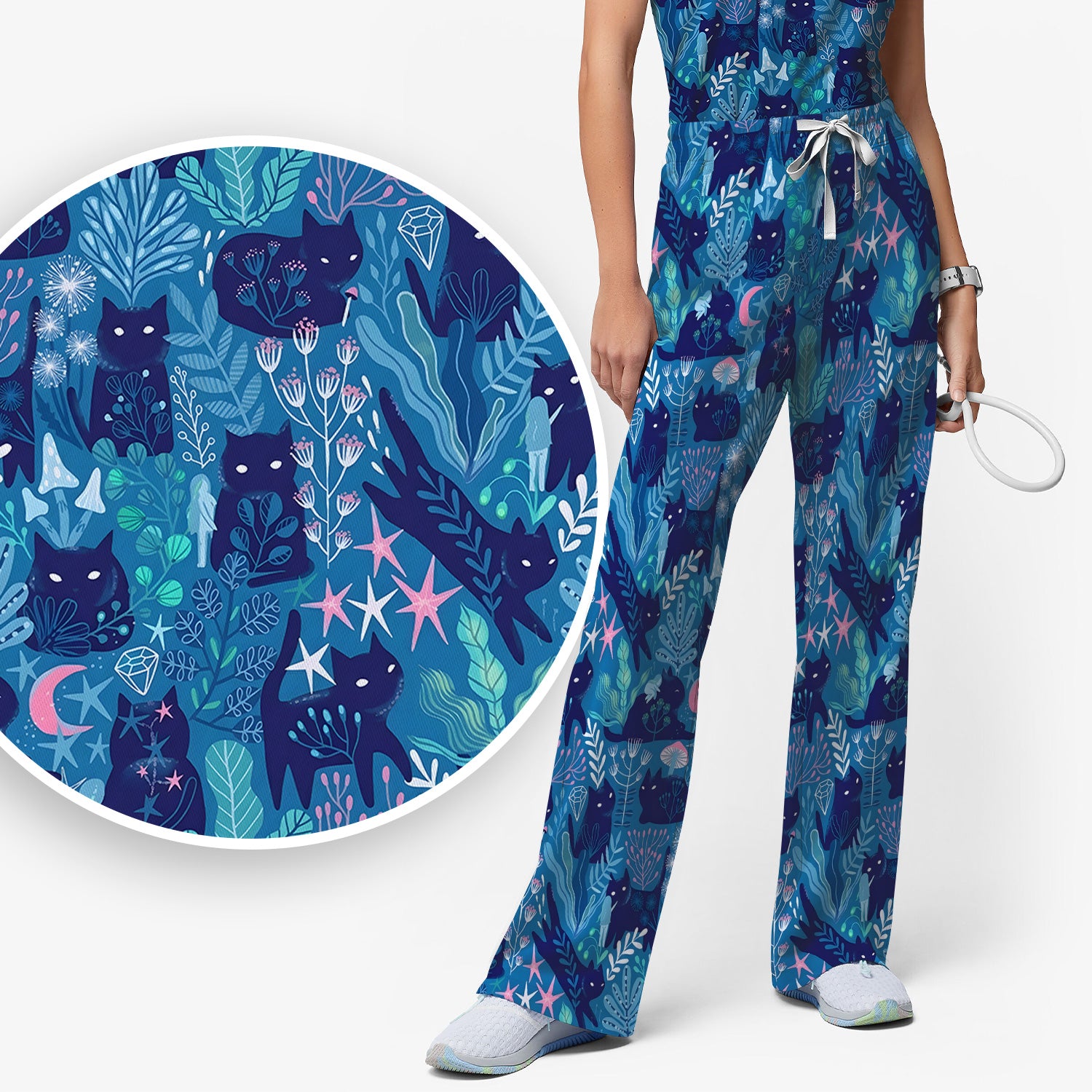 Adorable Celestial Cat Moon Star Pattern Scrub Set, Scrub Pants and V Neck Top