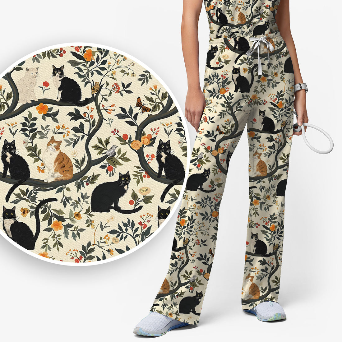 Vintage Black Cat Floral Pattern Scrub Set, Scrub Pants and V Neck Top