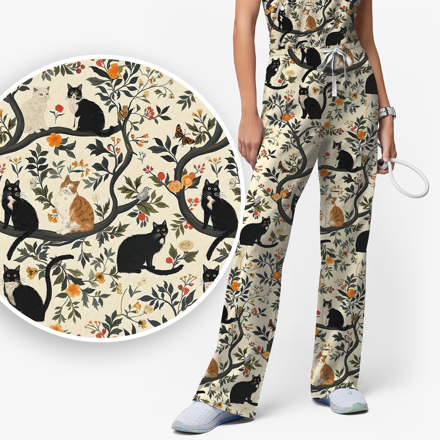 Vintage Black Cat Floral Pattern Scrub Set, Scrub Pants and V Neck Top
