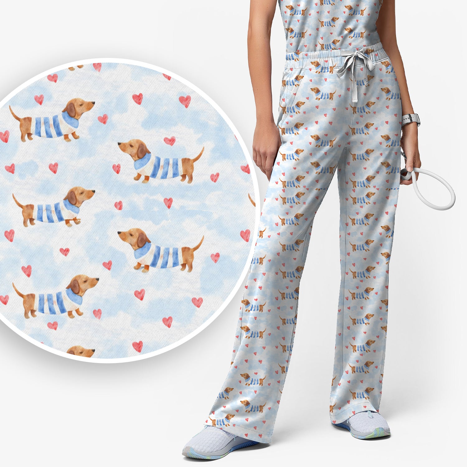 Sweet Dachshund And Pink Hearts Print Scrub Set, Scrub Pants and V Neck Top