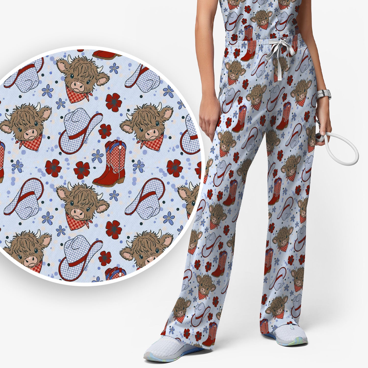 Cute Highland Cow Cowboy Boots Pattern Scrub Set, Scrub Pants and V Neck Top