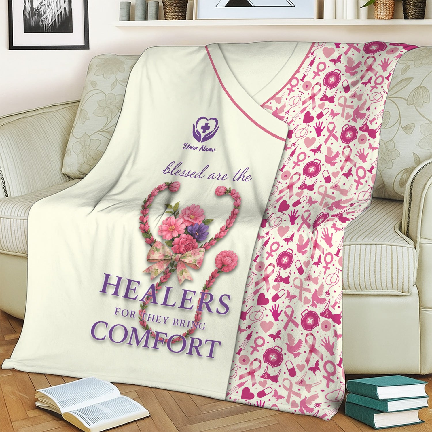 Custom Breast Cancer Awareness Nurse Blanket - Blessed Are the Healers Design - Gift for RN LPN CNA
