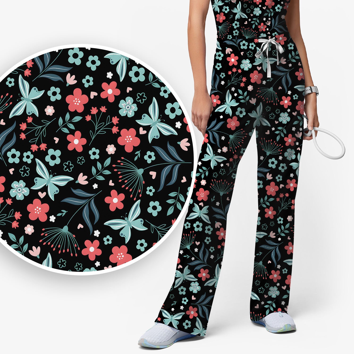 Cute Floral Butterfly Garden Print Scrub Set, Scrub Pants and V Neck Top