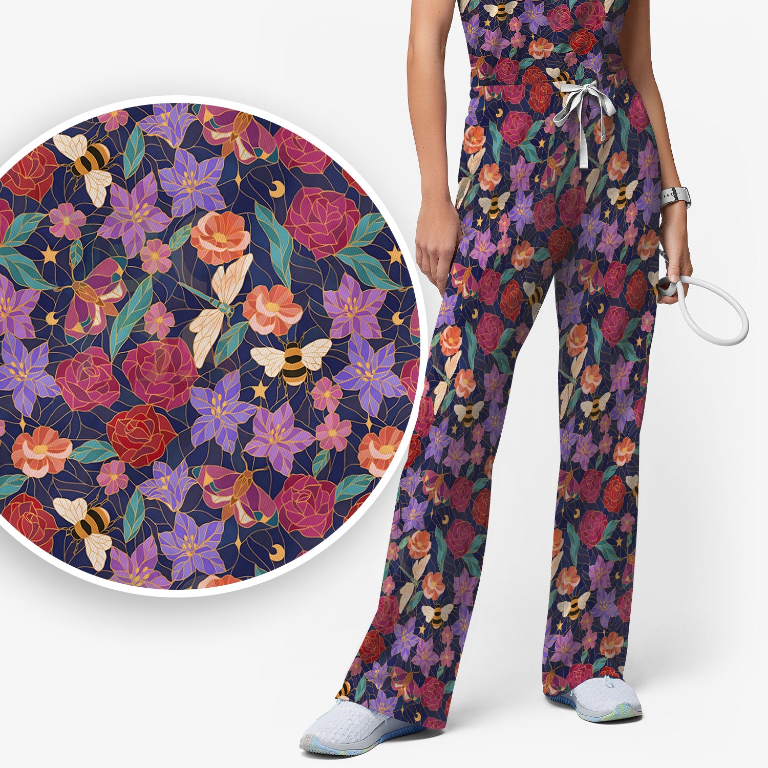 Charming Floral Garden With Bees And Dragonflies Scrub Set, Scrub Pants and V Neck Top