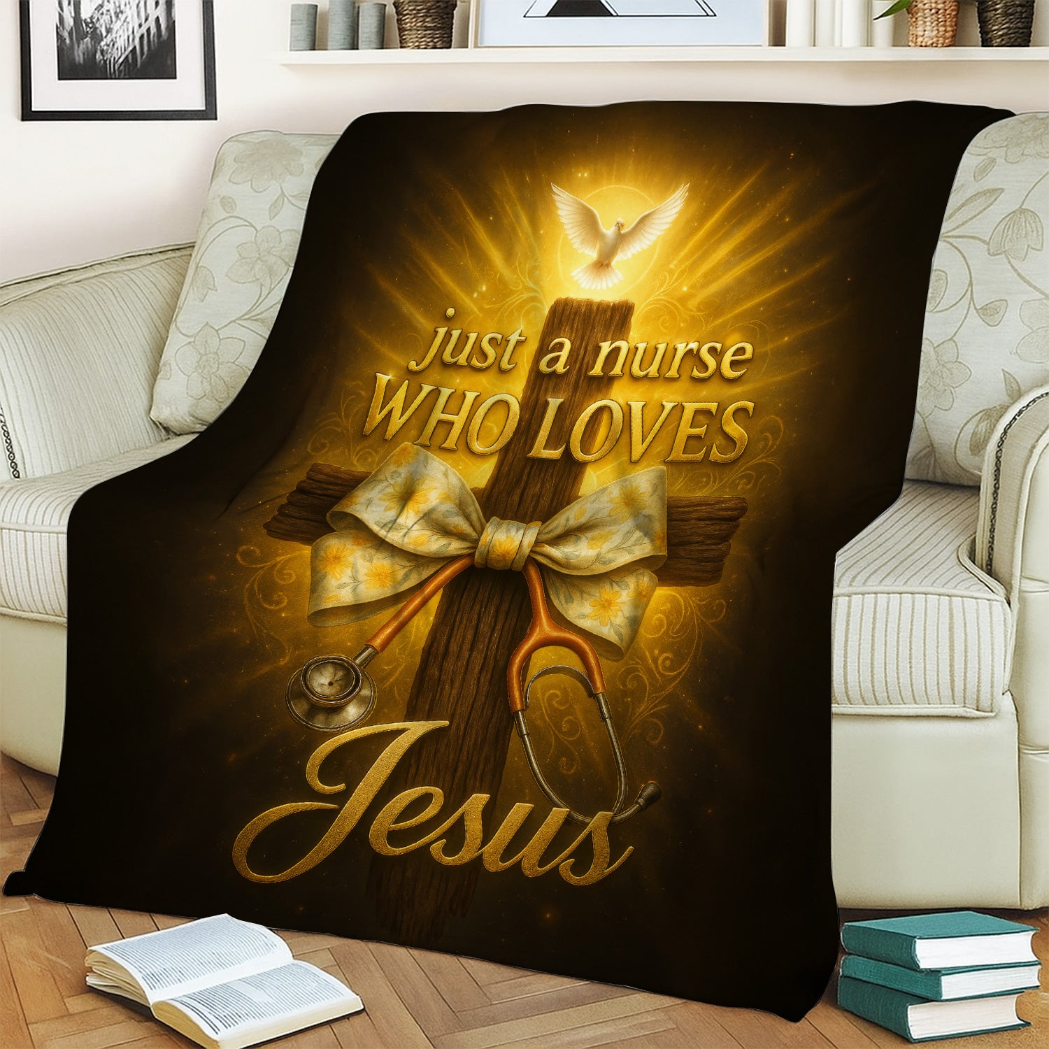 Just a Nurse Who Loves Jesus Blanket - Christian Fleece Throw for RN CNA - Personalized Faith Gift for Religious Nurses Women