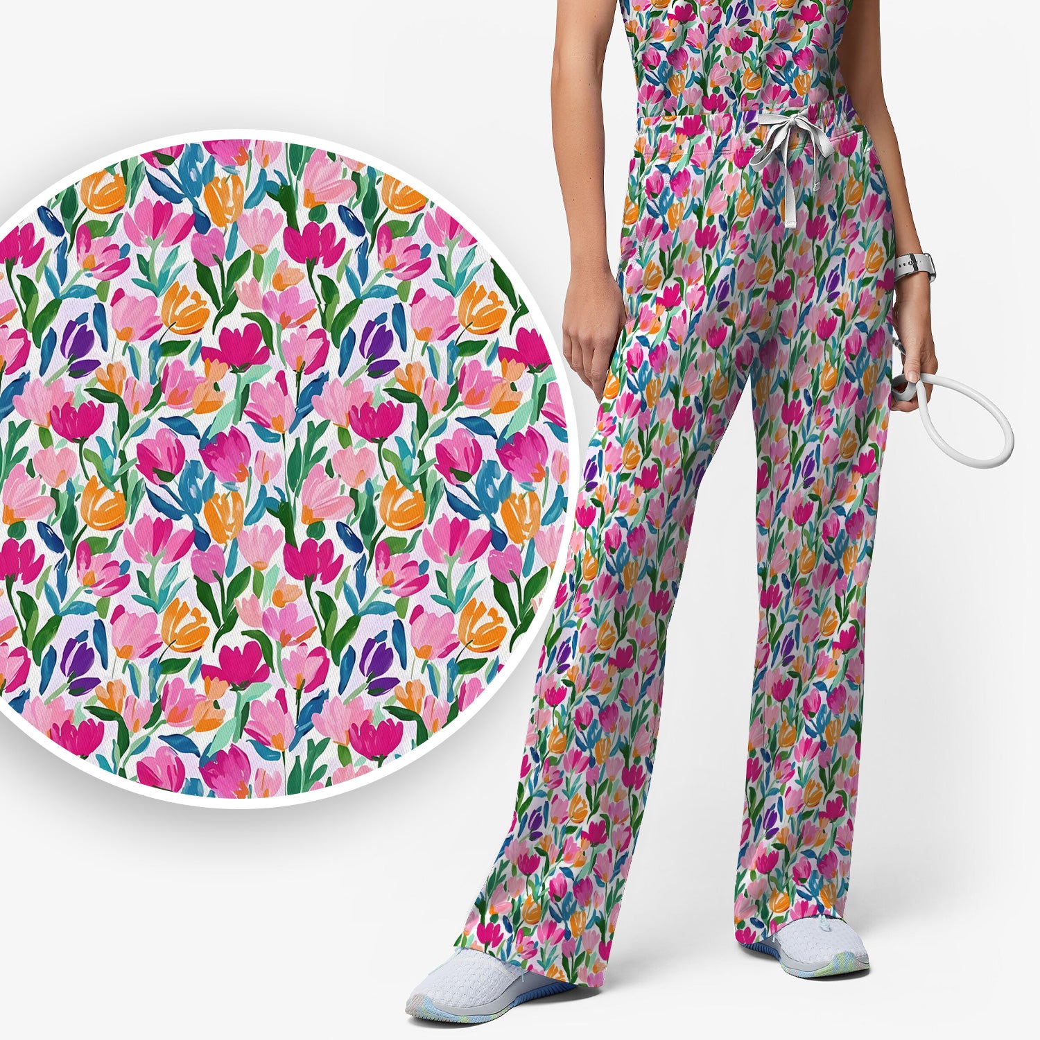 Vibrant Tulip Meadow Pattern Scrub Set, Scrub Pants and V Neck Top