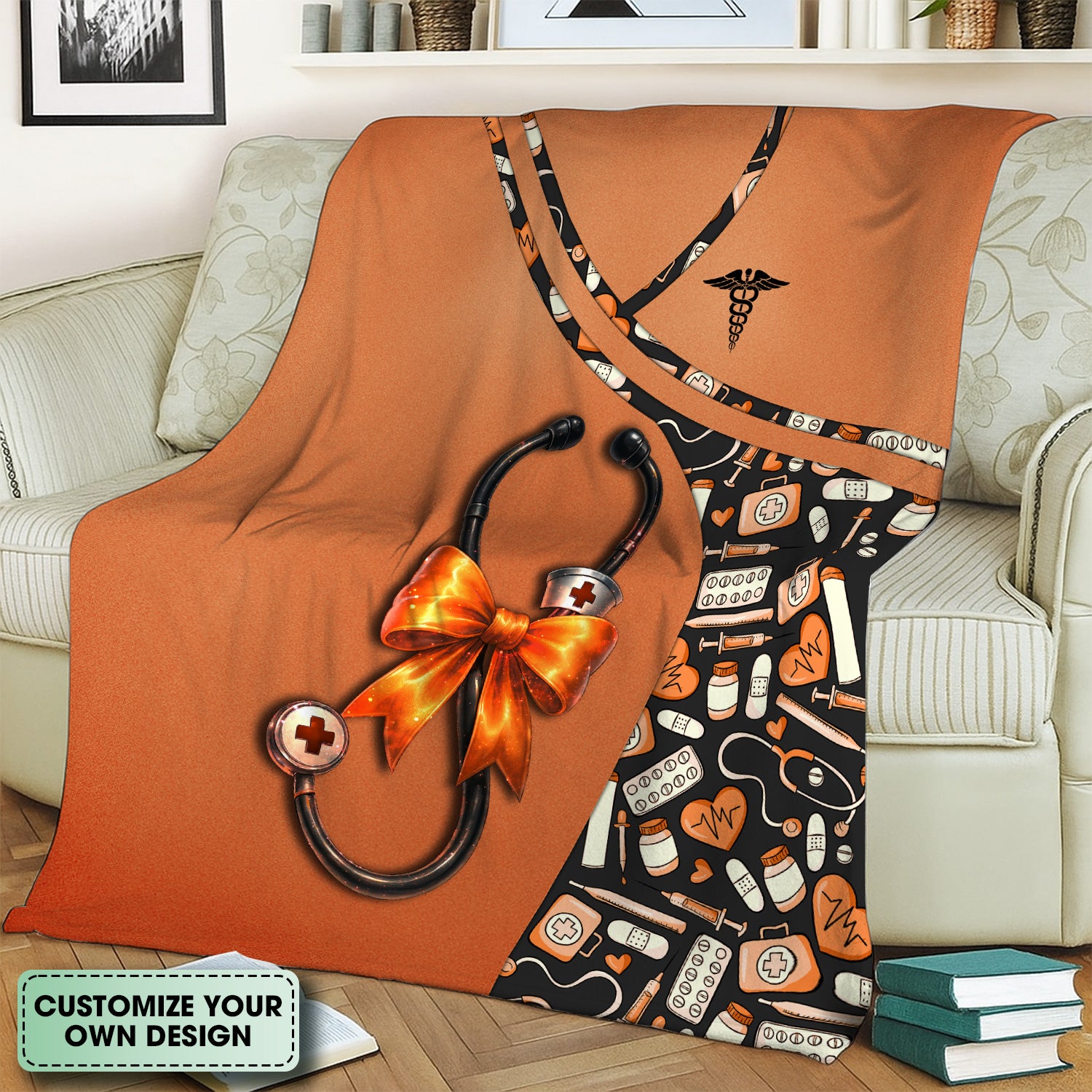 Personalized Funny Nurse Fall Throw Blanket - Medical Pattern & Stethoscope Bow Design - Halloween Gift for RN LPN CNA