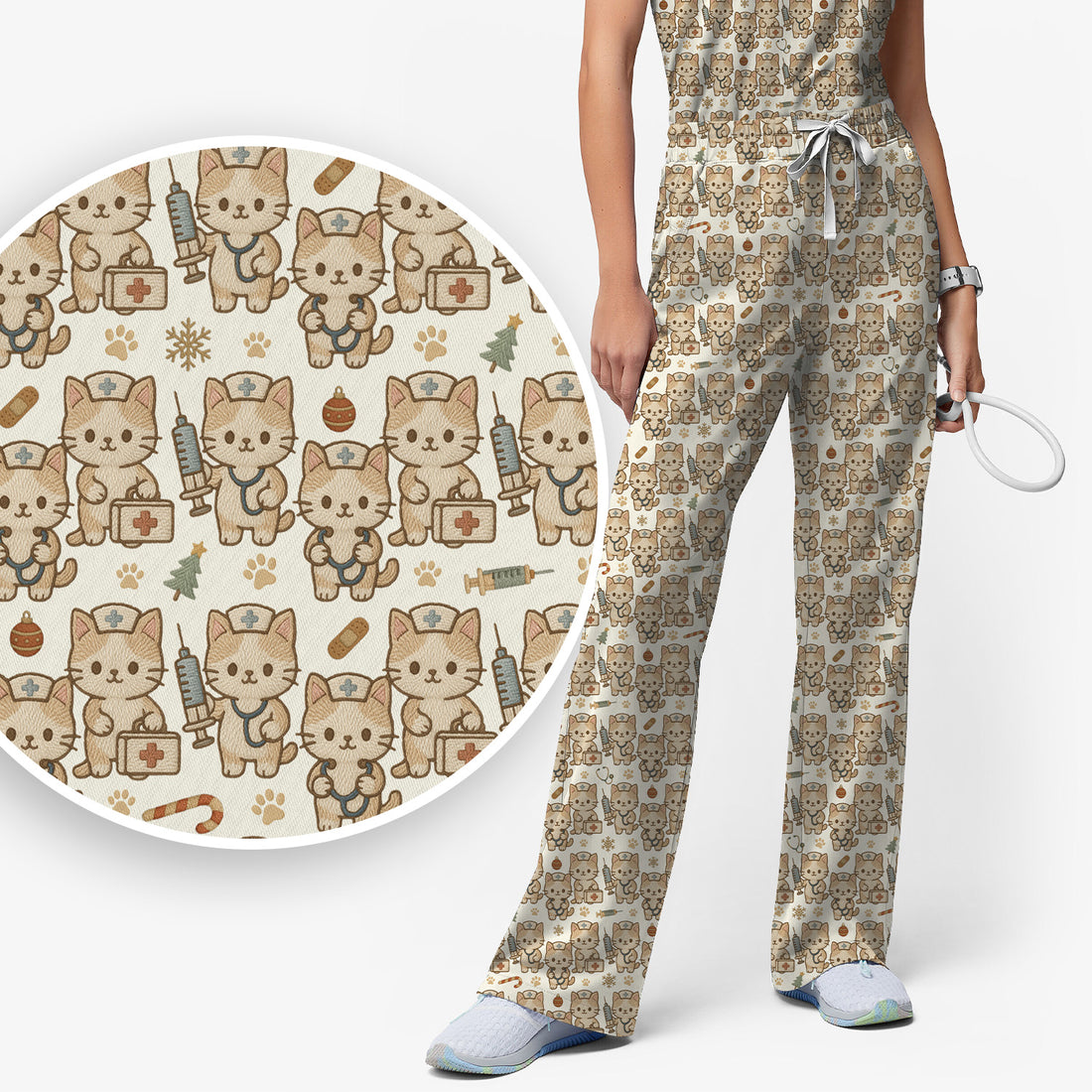 Cute Cat Nurse Christmas Scrub Set, Kawaii Kitty Medical Pattern Shirt, Breathable Fabrics Nursing Uniform