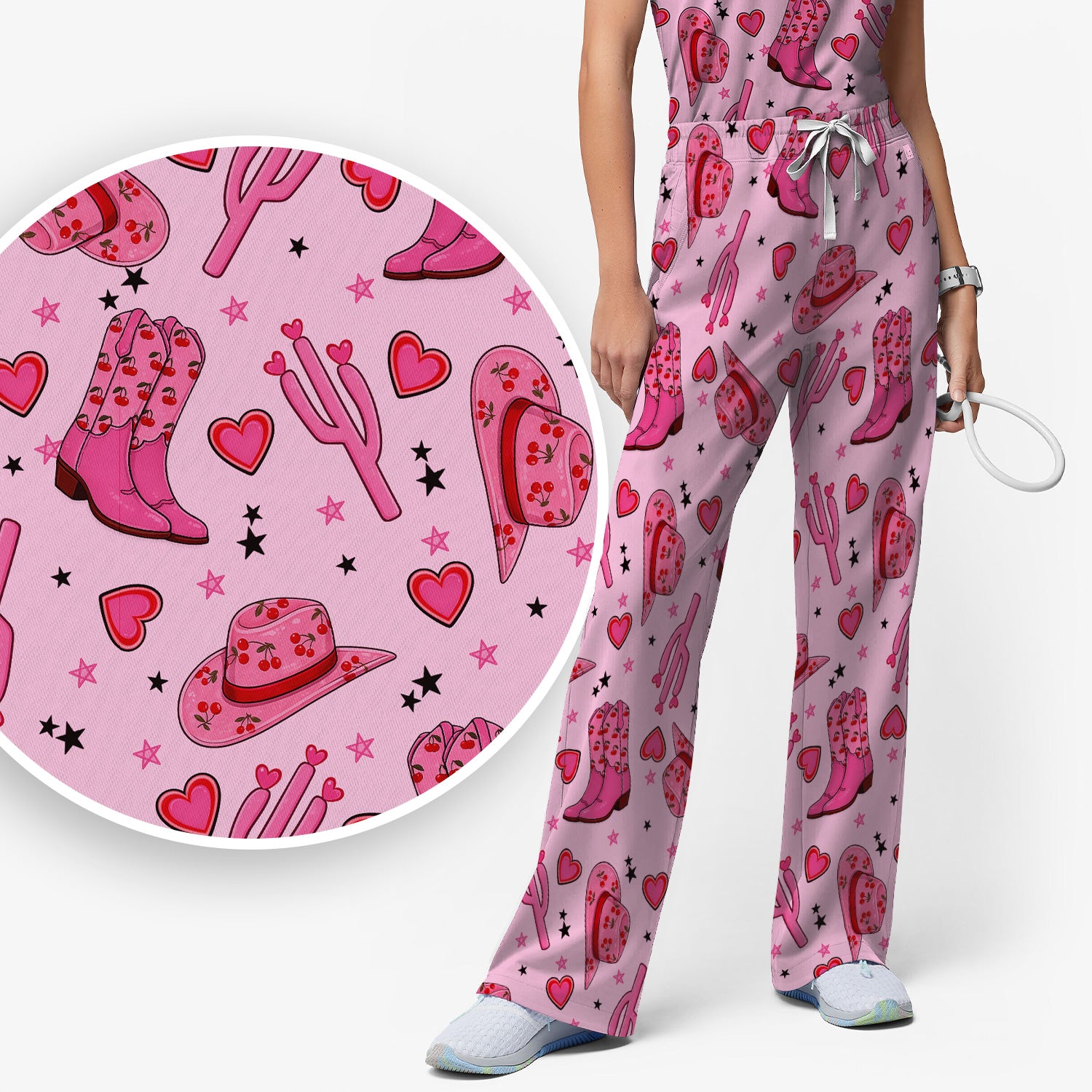Pink Cowgirl Western Boots Hat Pattern Scrub Set, Scrub Pants and V Neck Top