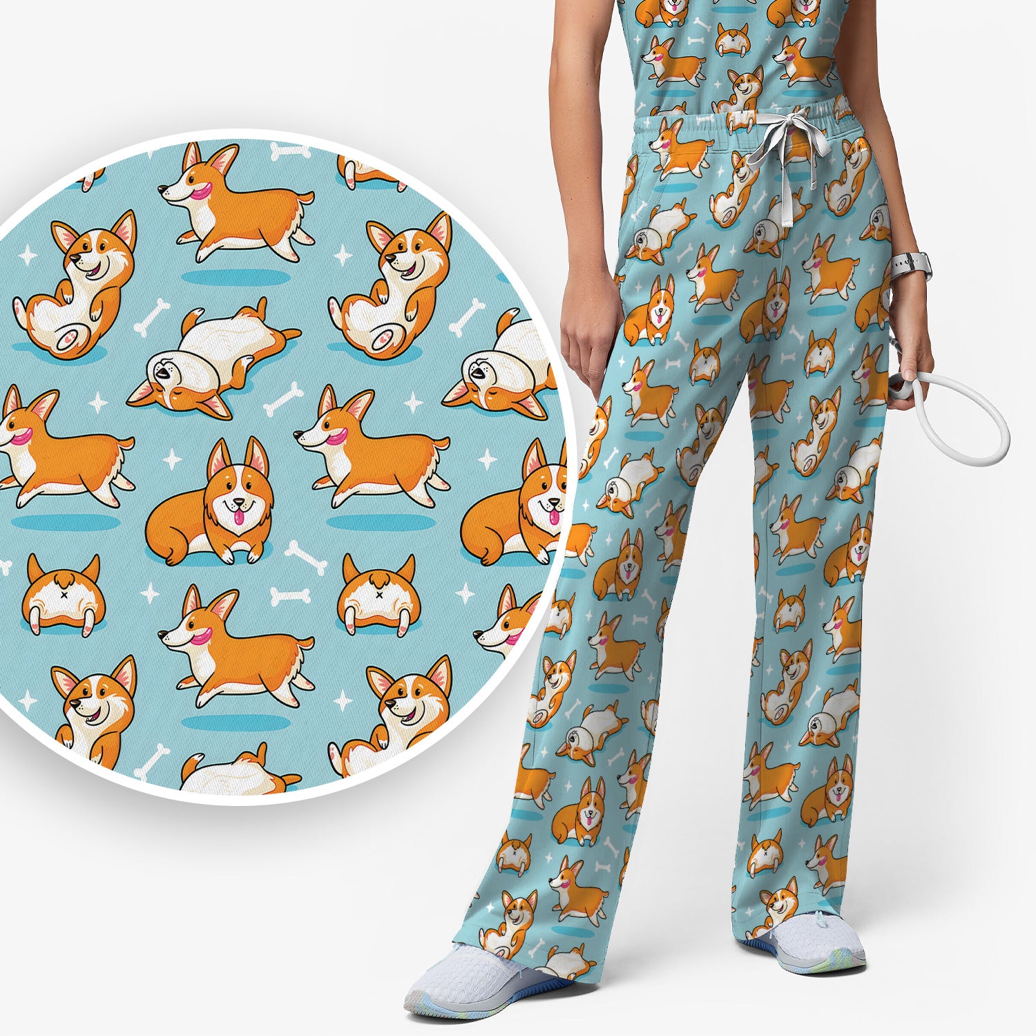 Corgi Dog Playing Rolling Bone Pattern Scrub Set, Scrub Pants and V Neck Top