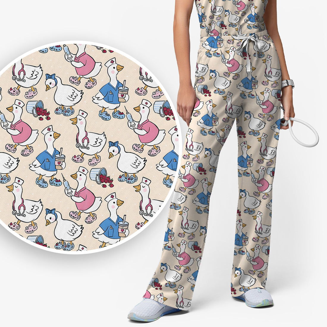 Cute Nurse Goose Cartoon Pattern Scrub Set, Scrub Pants and V Neck Top