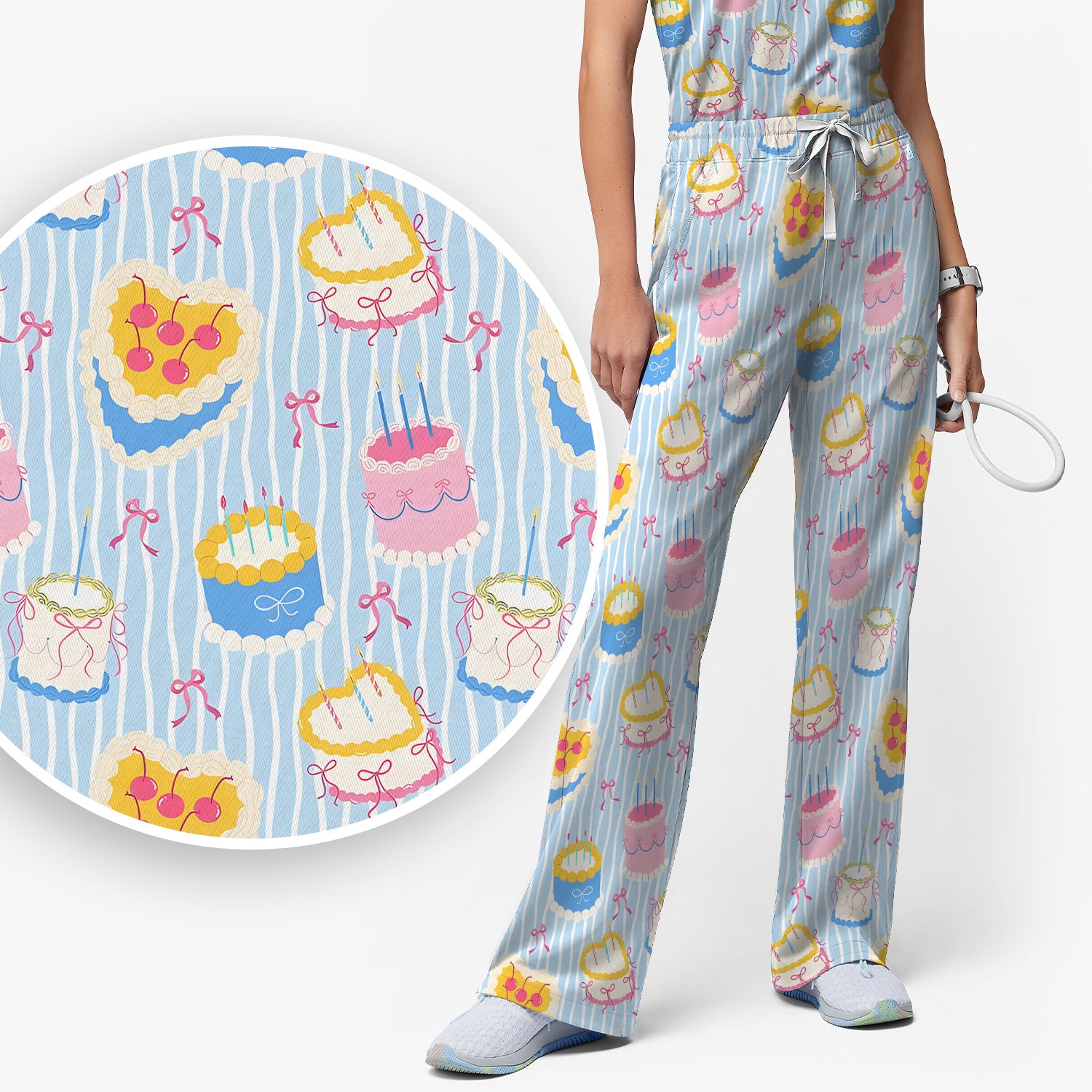Coquette Cake Bow Stripe Pattern Scrub Set, Scrub Pants and V Neck Top